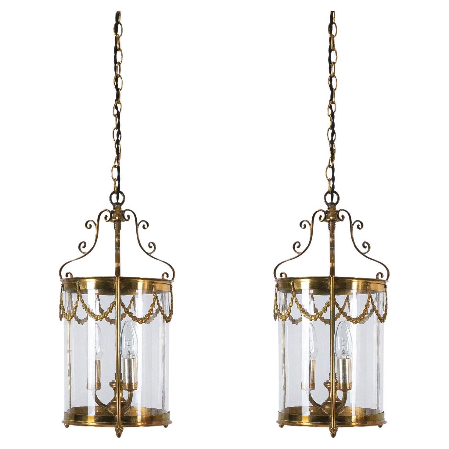 Pair of Neo-Empire Pendant Lights from Glass and Brass, France 1950