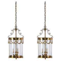 Retro Pair of Neo-Empire Pendant Lights from Glass and Brass, France 1950