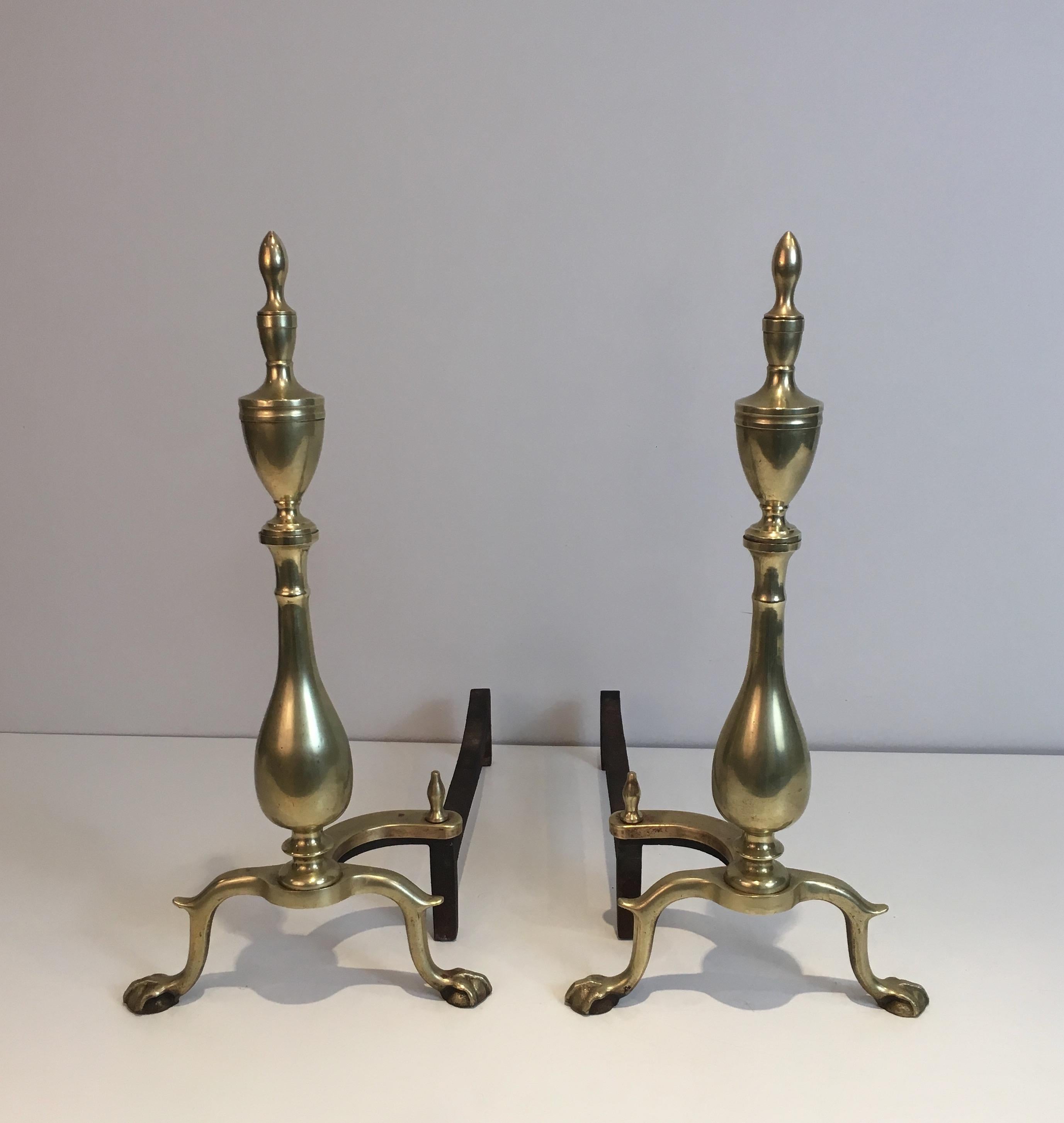 This pair of neo-gothic andirons are made of bronze and wrought Iron. This is a French work from 19th century.