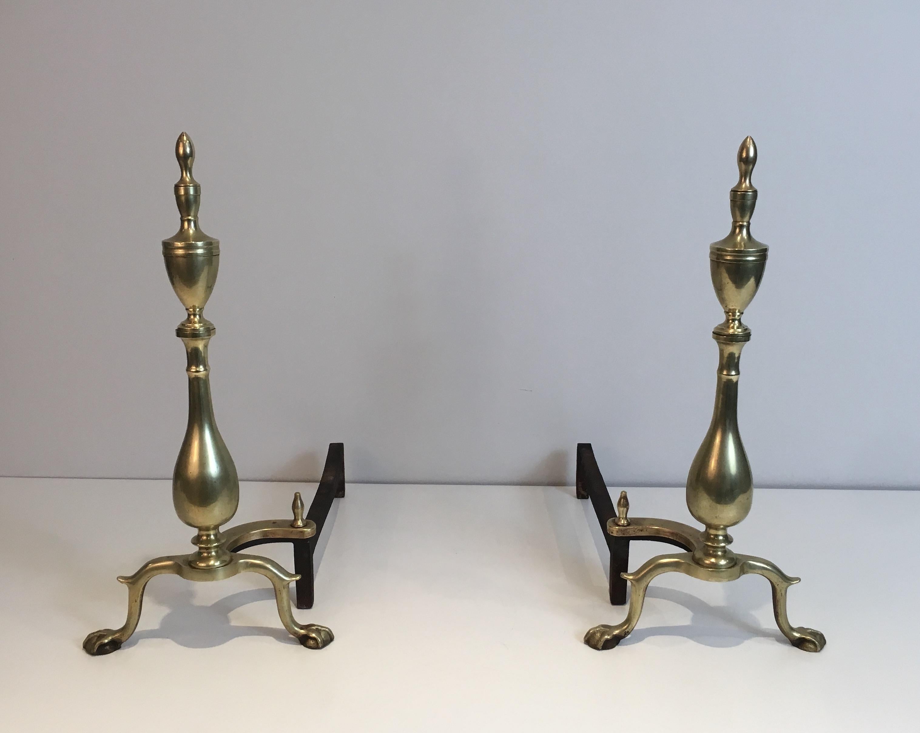 Neoclassical Pair of Neo-Gothic Bronze and Wrought Iron Andirons, French, 19th Century For Sale