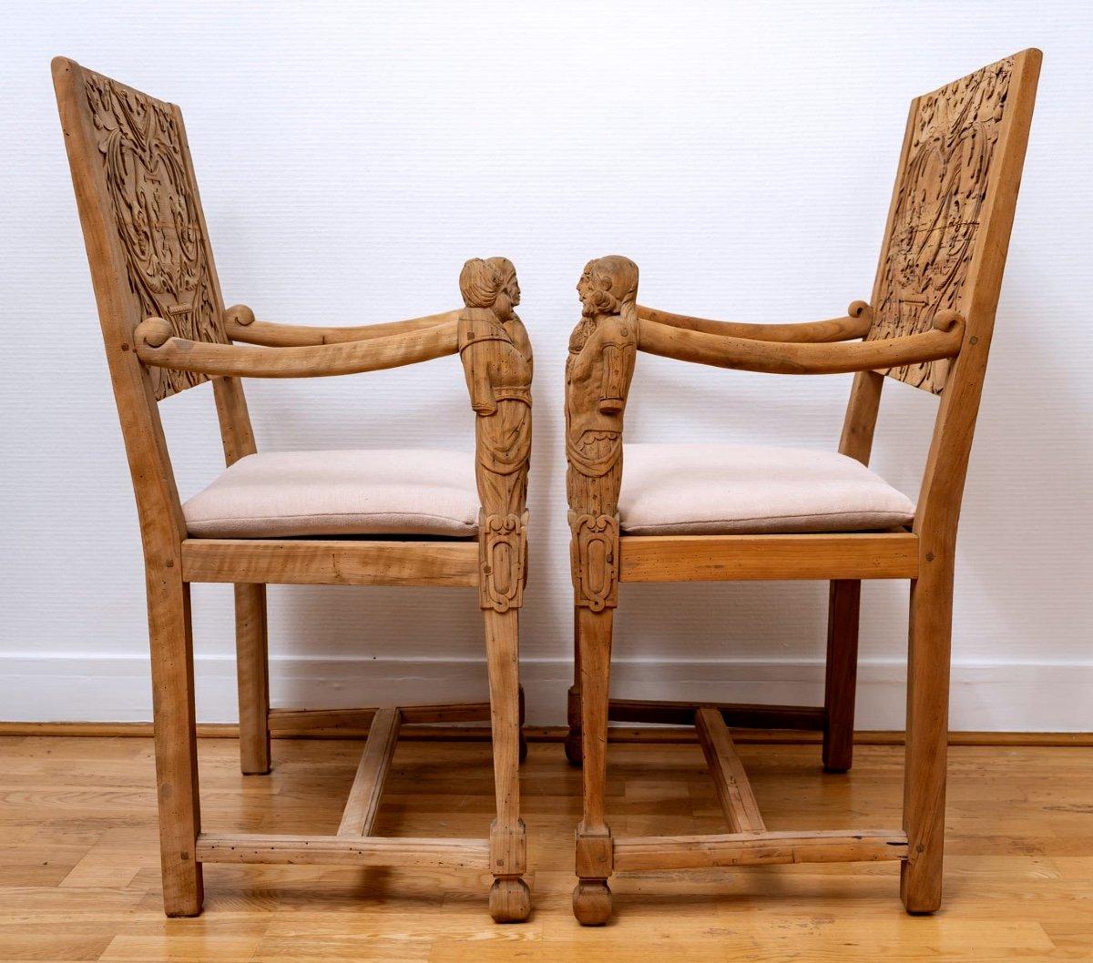 Renaissance Pair of Neo-Gothic Ceremonial Armchairs, Solid Walnut, Period: 19th Century For Sale