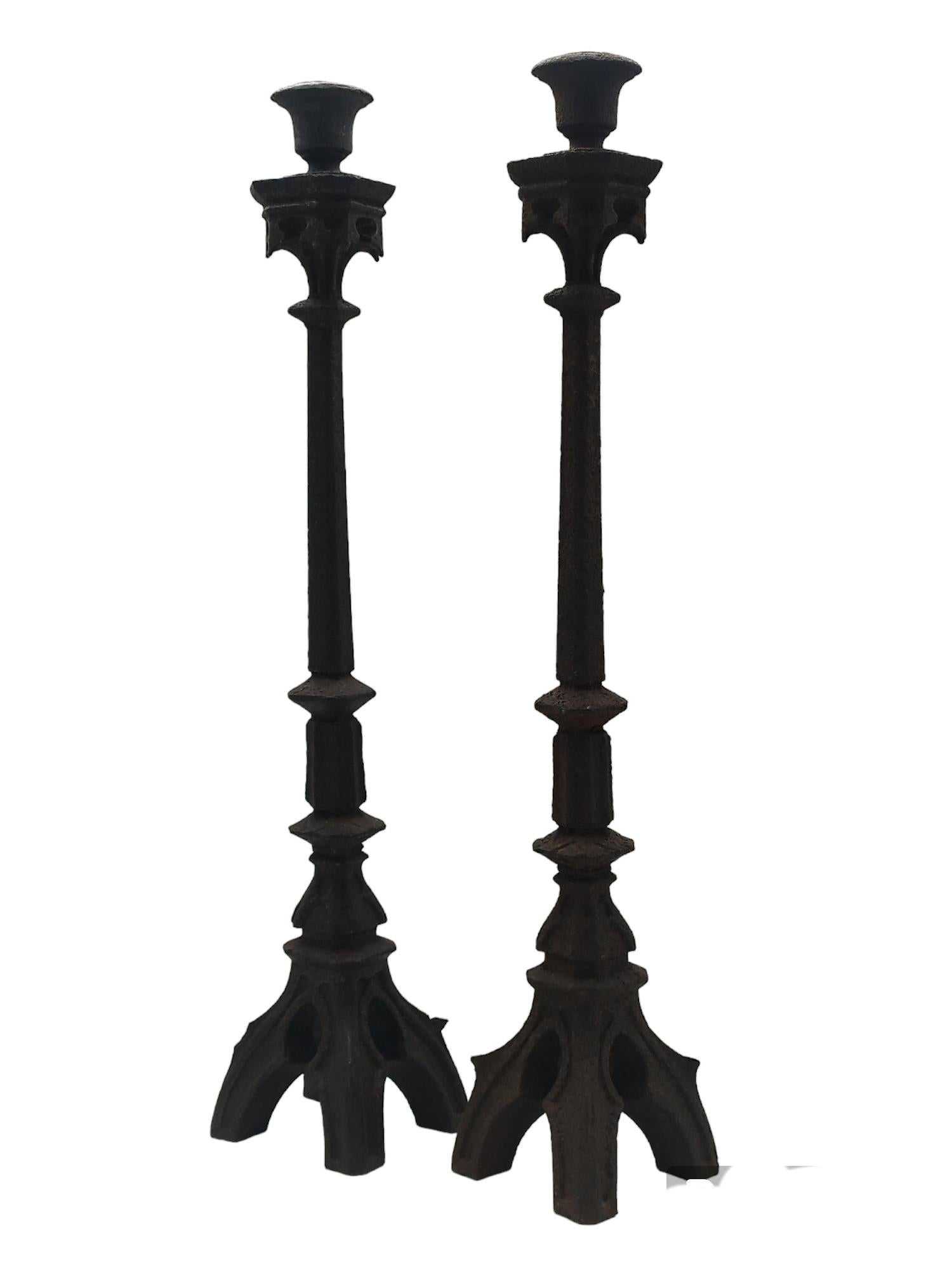 Gothic Revival Pair of Neo-Gothic Iron Altar Candlesticks, Italy, 19th century For Sale