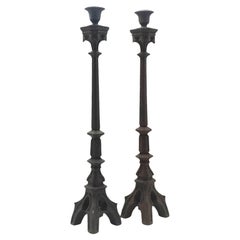 Antique Pair of Neo-Gothic Iron Altar Candlesticks, Italy, 19th century