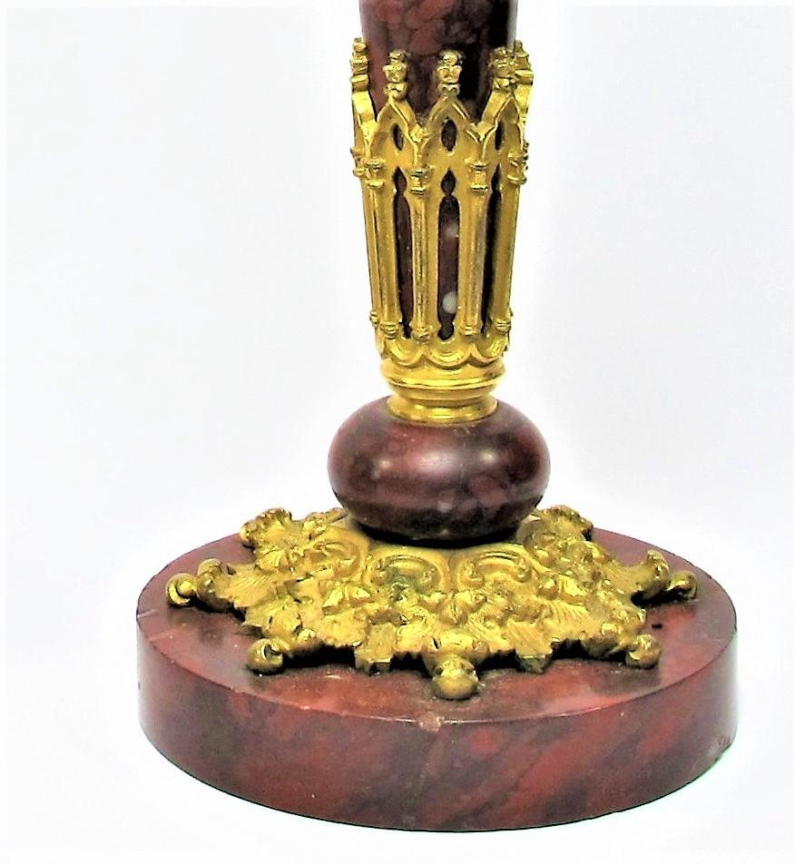 Restauration Pair of Neo-Gothic Style Candlesticks Bronze and Marble, 1830 Period For Sale