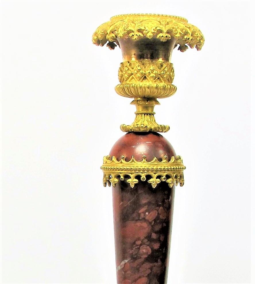 French Pair of Neo-Gothic Style Candlesticks Bronze and Marble, 1830 Period For Sale