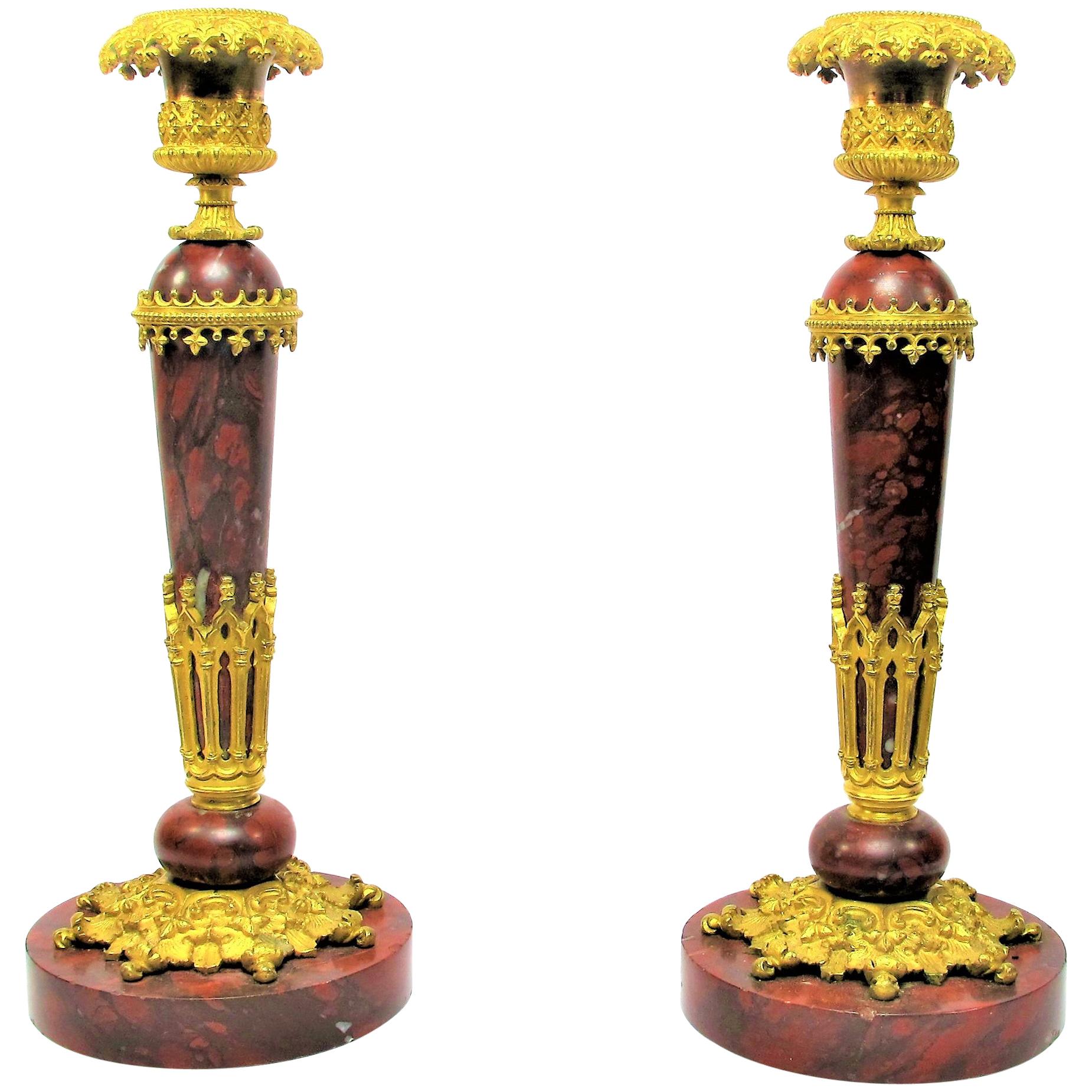 Pair of Neo-Gothic Style Candlesticks Bronze and Marble, 1830 Period For Sale