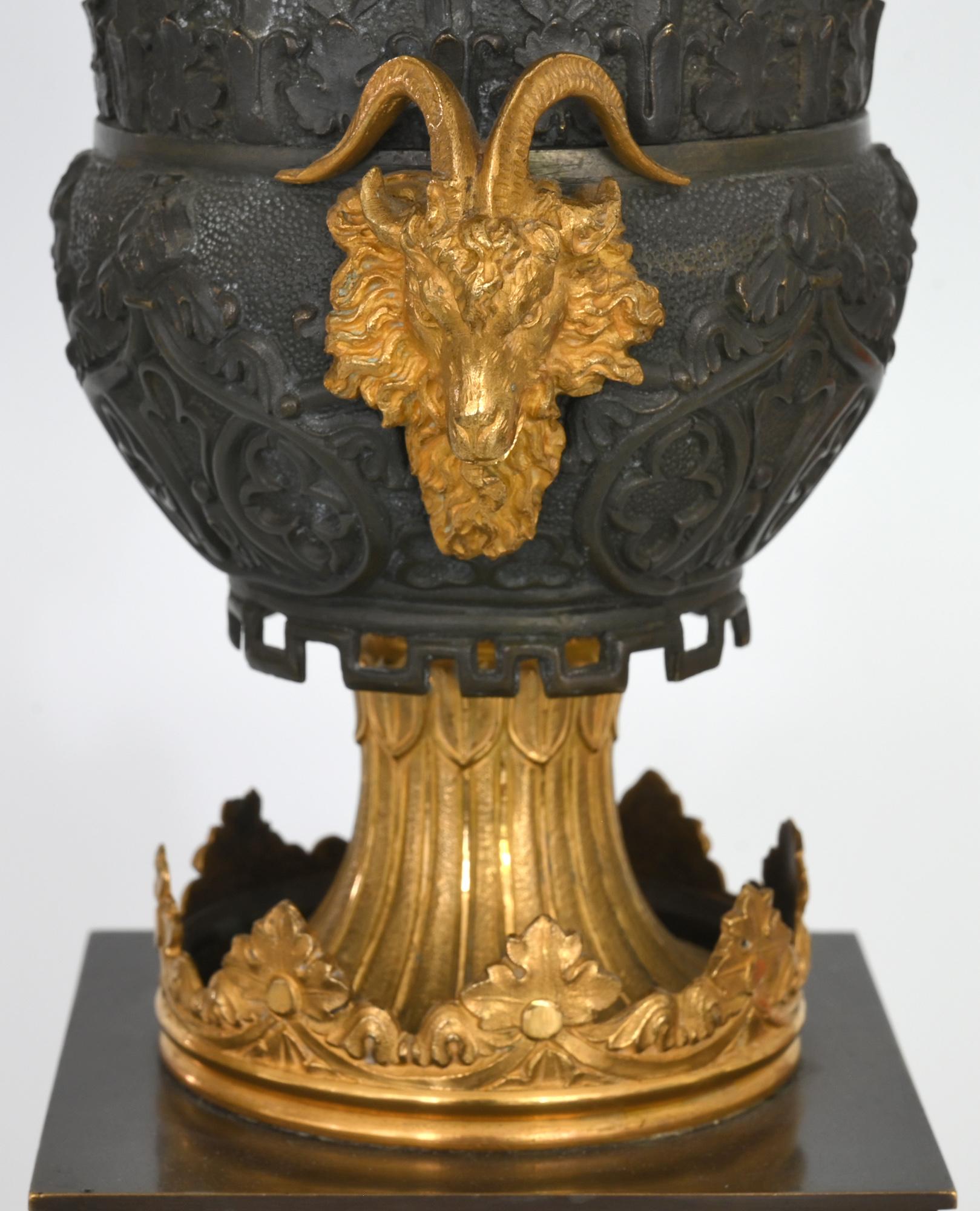 English Pair of Neo Gothic Vases Bronze, Gilt Bronze England 1830, Ram Heads For Sale