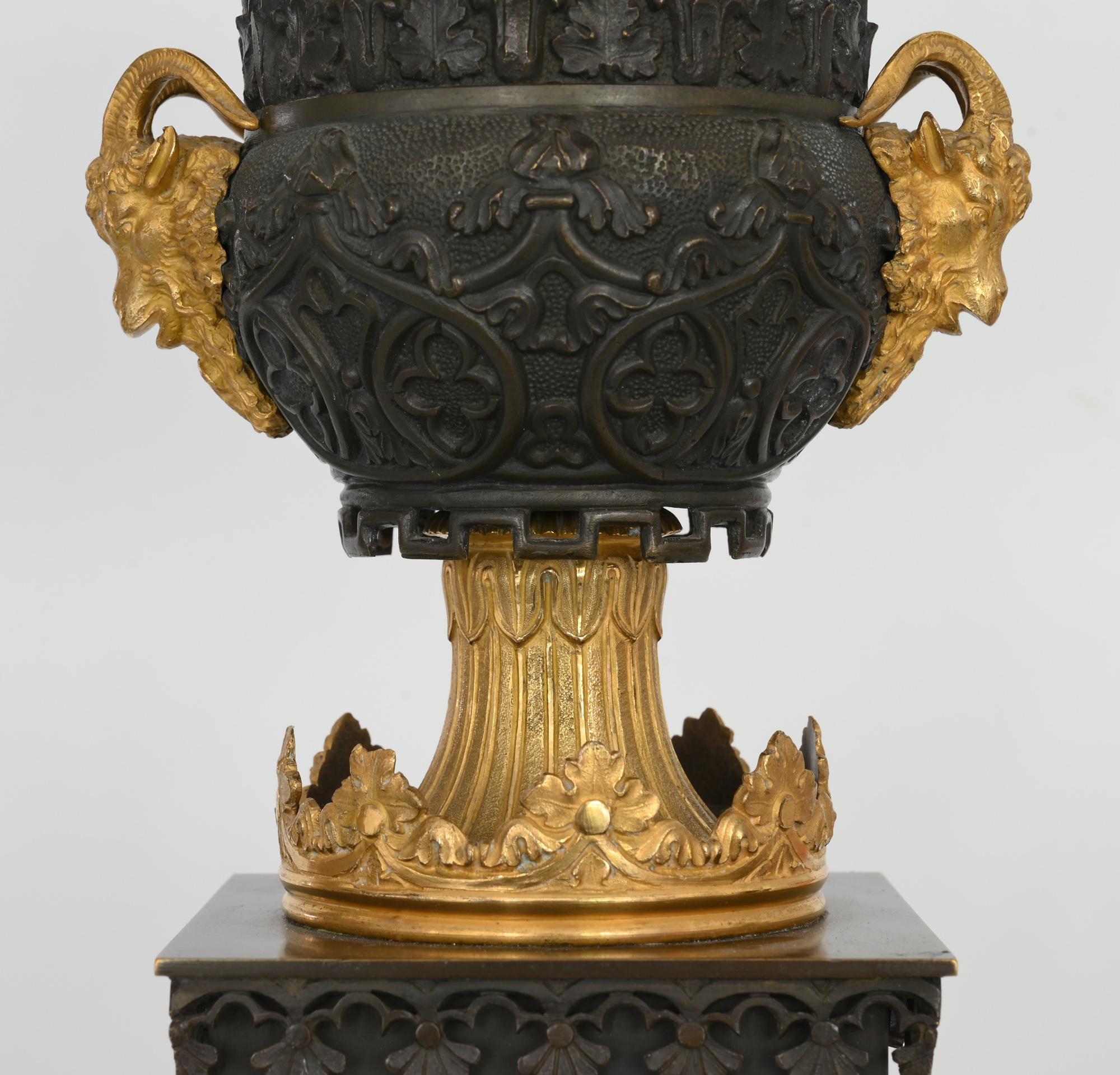 Mid-19th Century Pair of Neo Gothic Vases Bronze, Gilt Bronze England 1830, Ram Heads For Sale