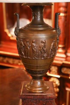 Pair of Neo Grec Bronze Urns on Marble Bases Converted to Lamps