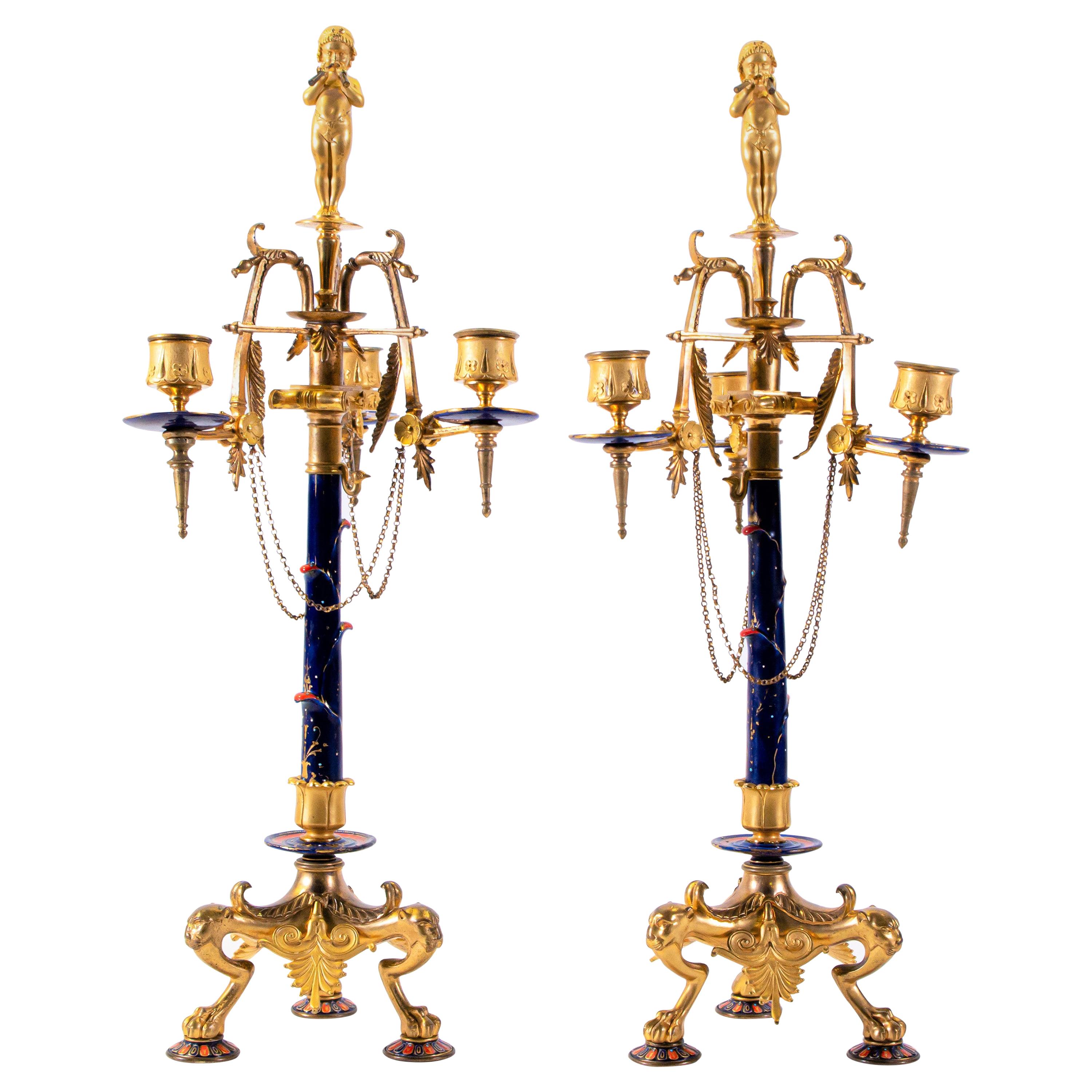 Pair of Neo-Grec Style 3-Arm Dore Bronze and Enamel Candelabras, F. Levillain