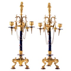 Pair of Neo-Grec Style 3-Arm Dore Bronze and Enamel Candelabras, F. Levillain