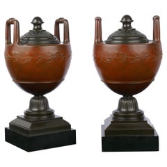 Pair of Neo-Greco Antique Bronze Garniture Urns in French Taste, circa 1880s