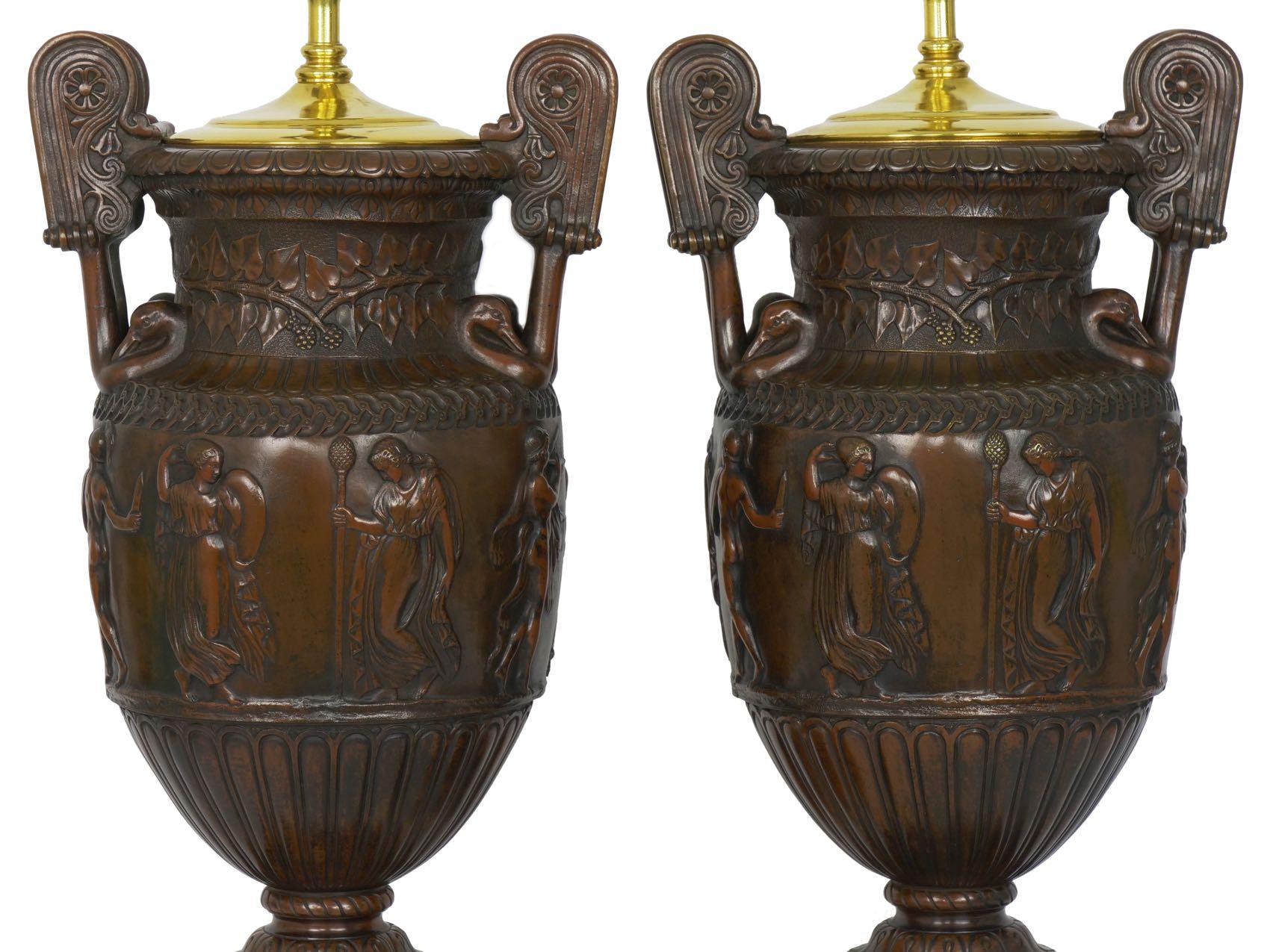 Pair of Neo-Greco Antique Cast Bronze Amphora Table Lamps, circa 1900 6