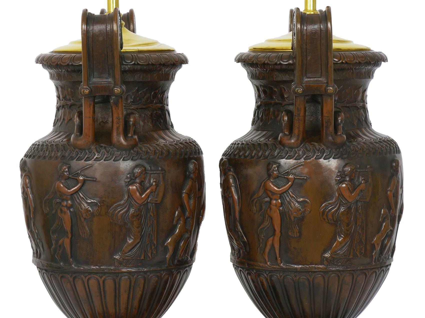 Pair of Neo-Greco Antique Cast Bronze Amphora Table Lamps, circa 1900 10