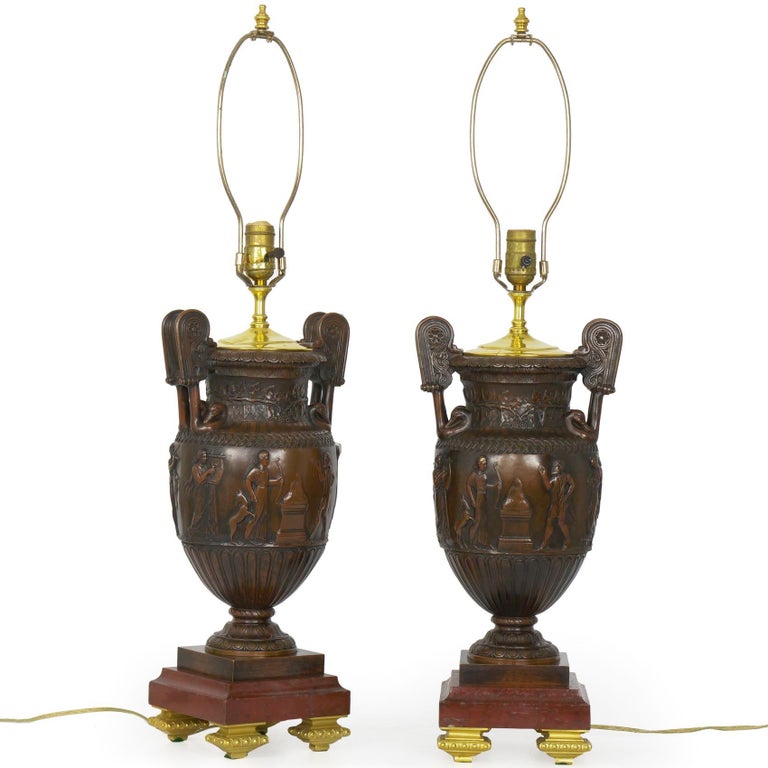 Pair of NeoGreco Antique Cast Bronze Amphora Table Lamps, circa 1900