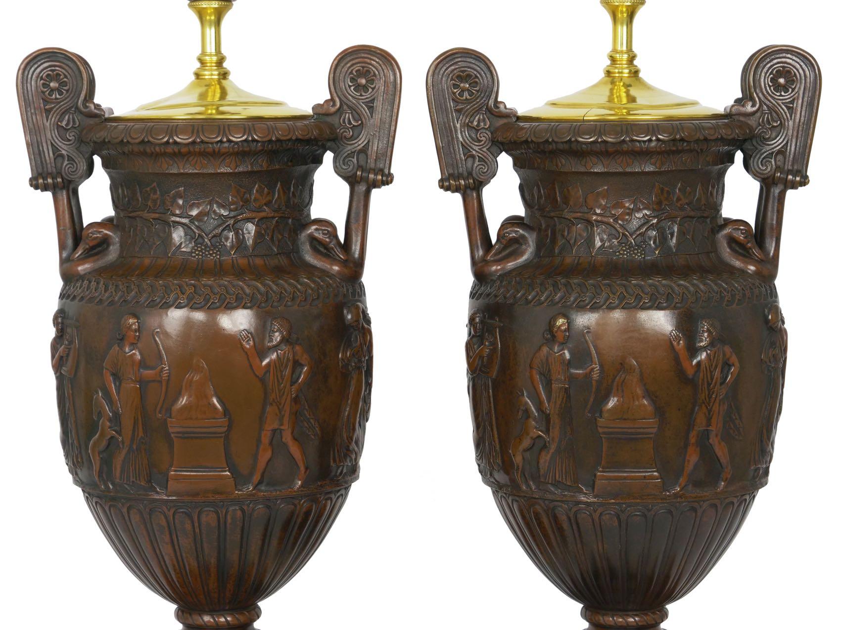 Classical Greek Pair of Neo-Greco Antique Cast Bronze Amphora Table Lamps, circa 1900