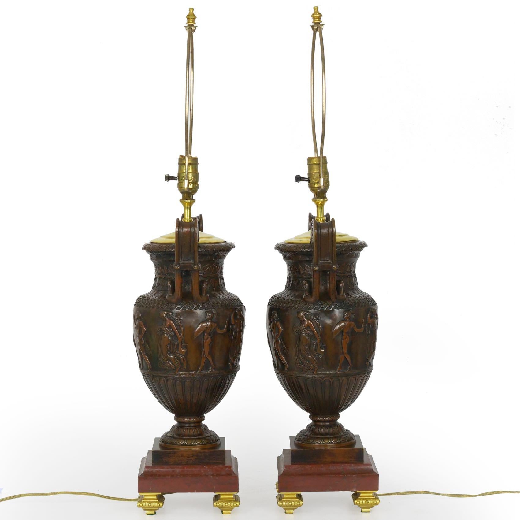 Pair of Neo-Greco Antique Cast Bronze Amphora Table Lamps, circa 1900 2