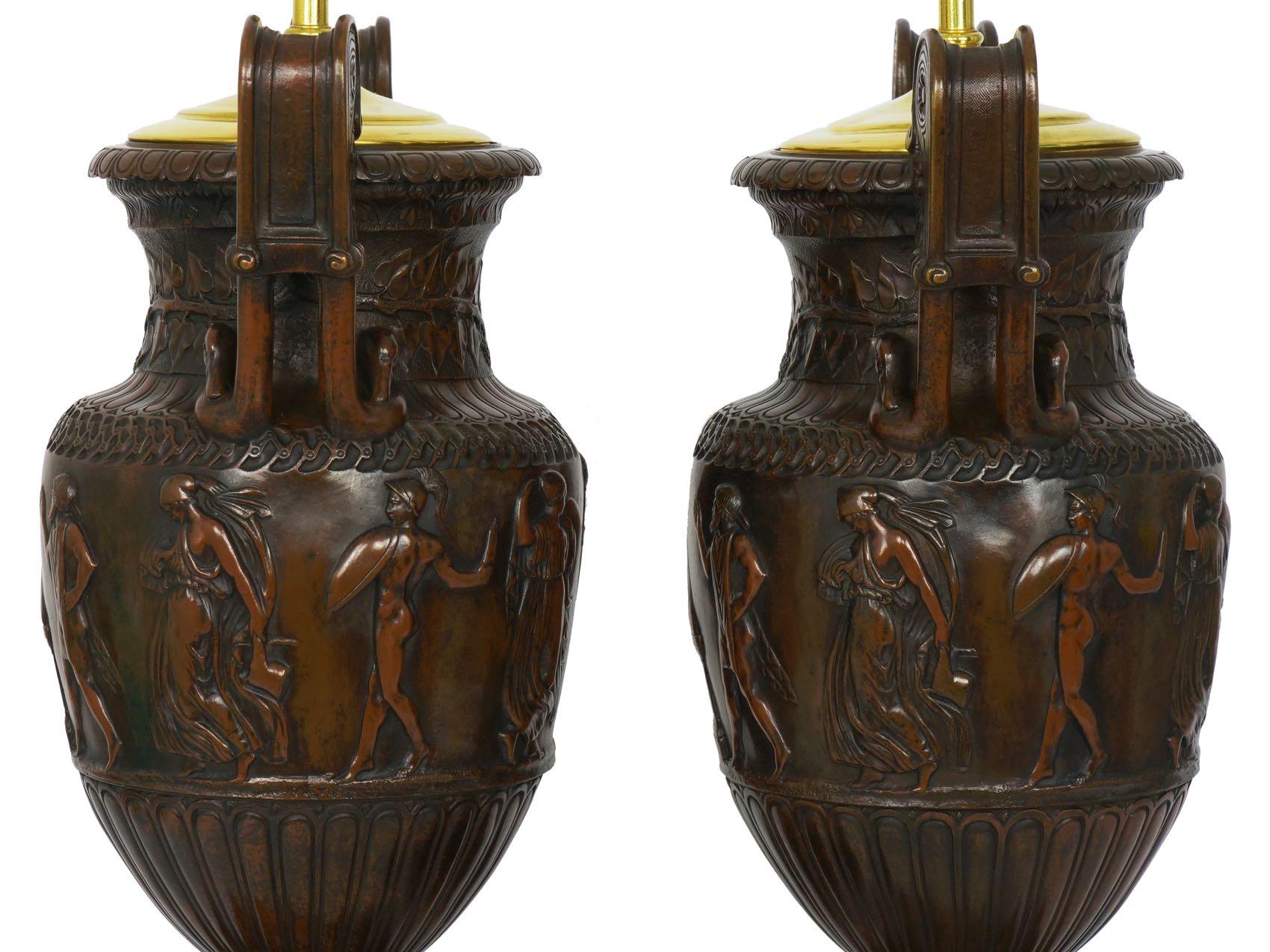 Pair of Neo-Greco Antique Cast Bronze Amphora Table Lamps, circa 1900 3
