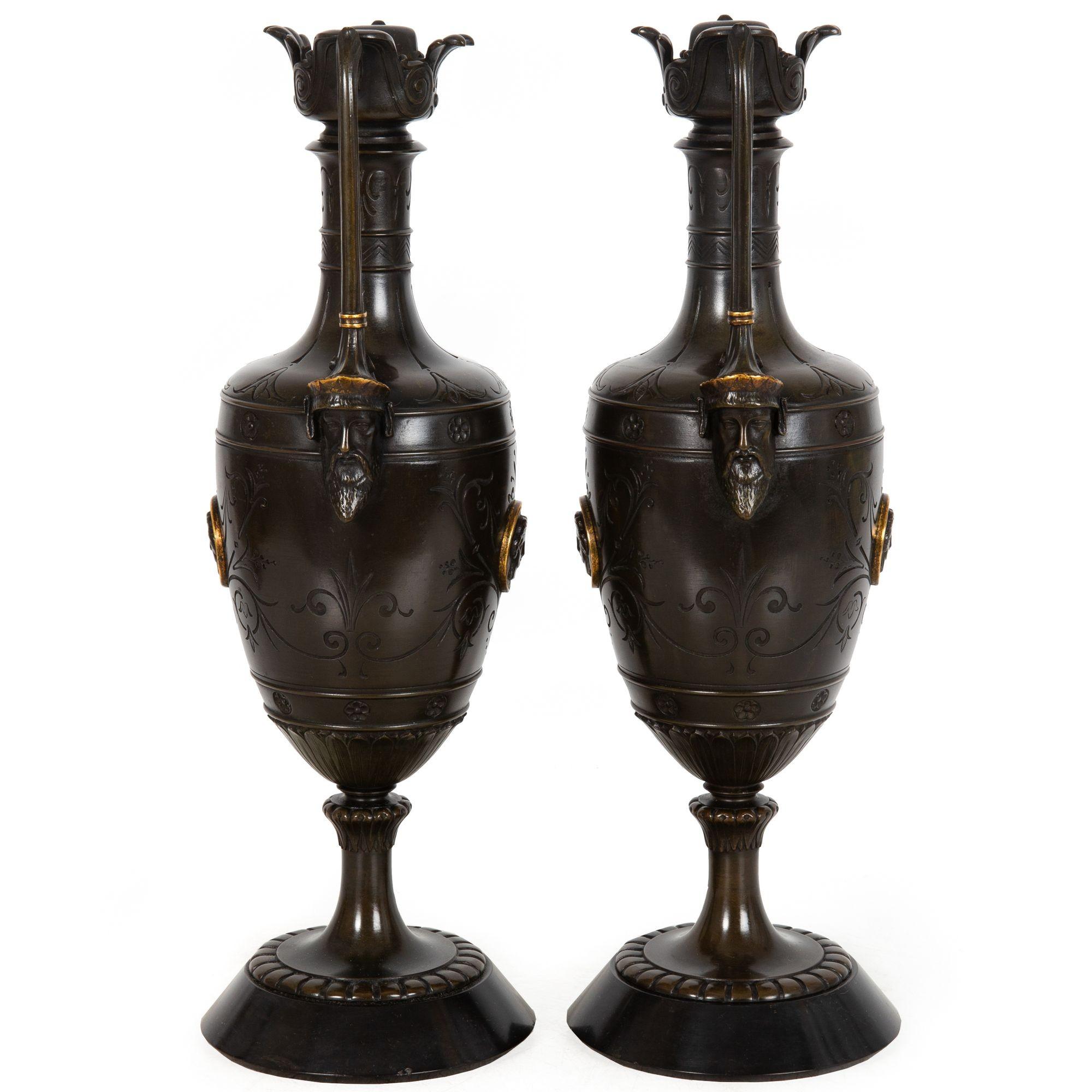 XIX secolo Pair of Neo-Greco Bronze and Marble Urns Vases with Candlestick circa 1880 in vendita