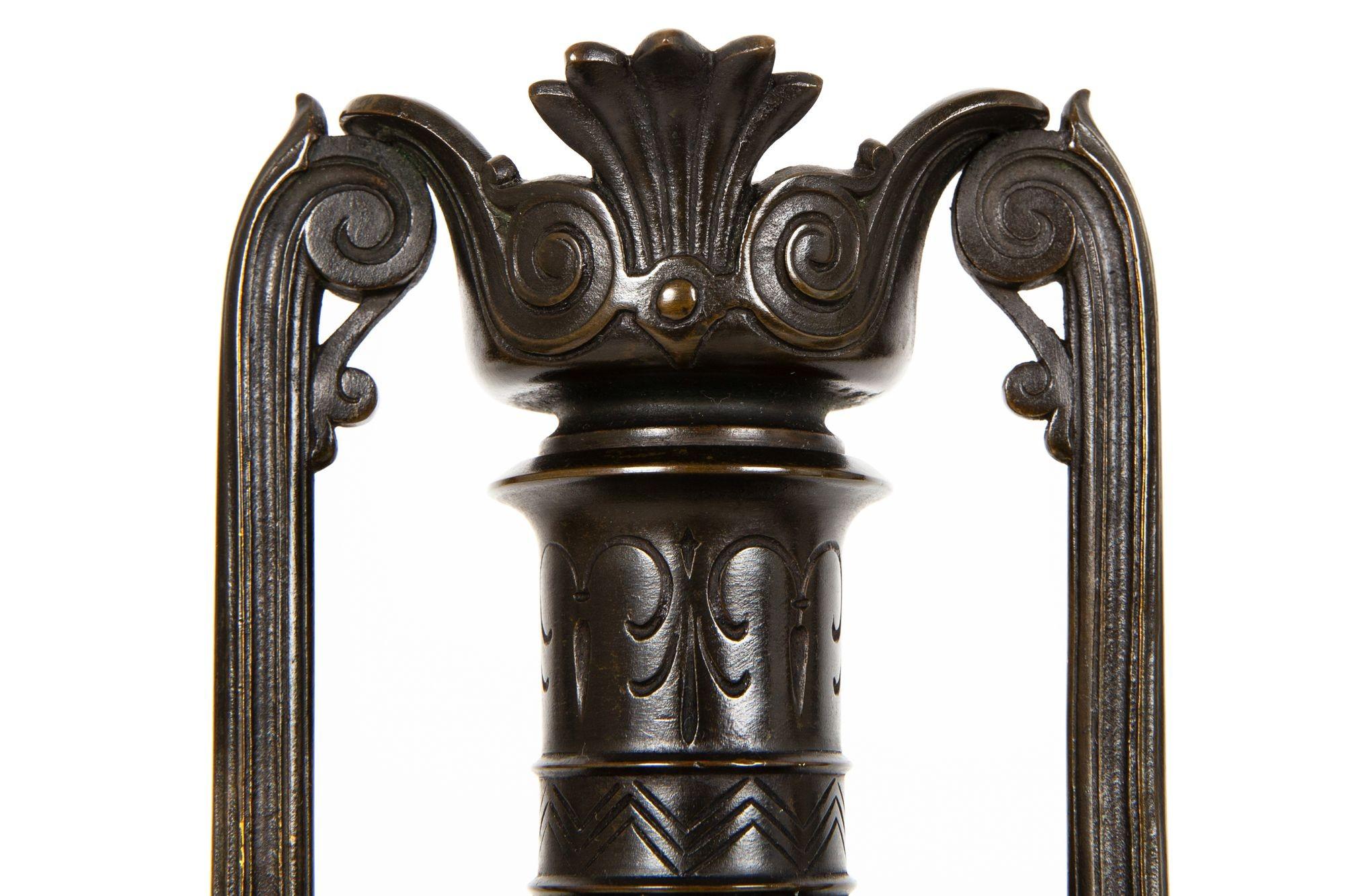 Bronzo Pair of Neo-Greco Bronze and Marble Urns Vases with Candlestick circa 1880 in vendita
