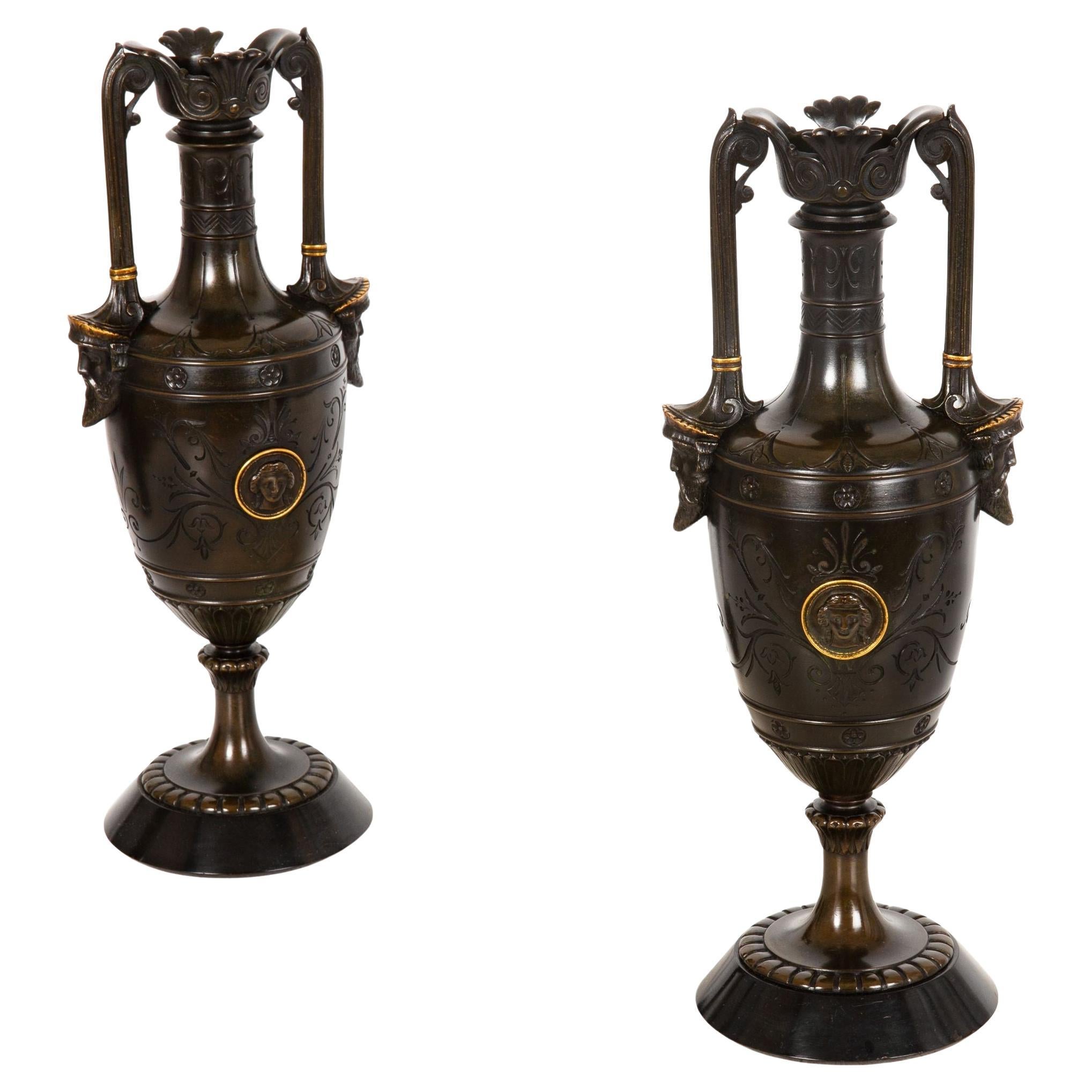 Pair of Neo-Greco Bronze and Marble Urns Vases with Candlestick circa 1880