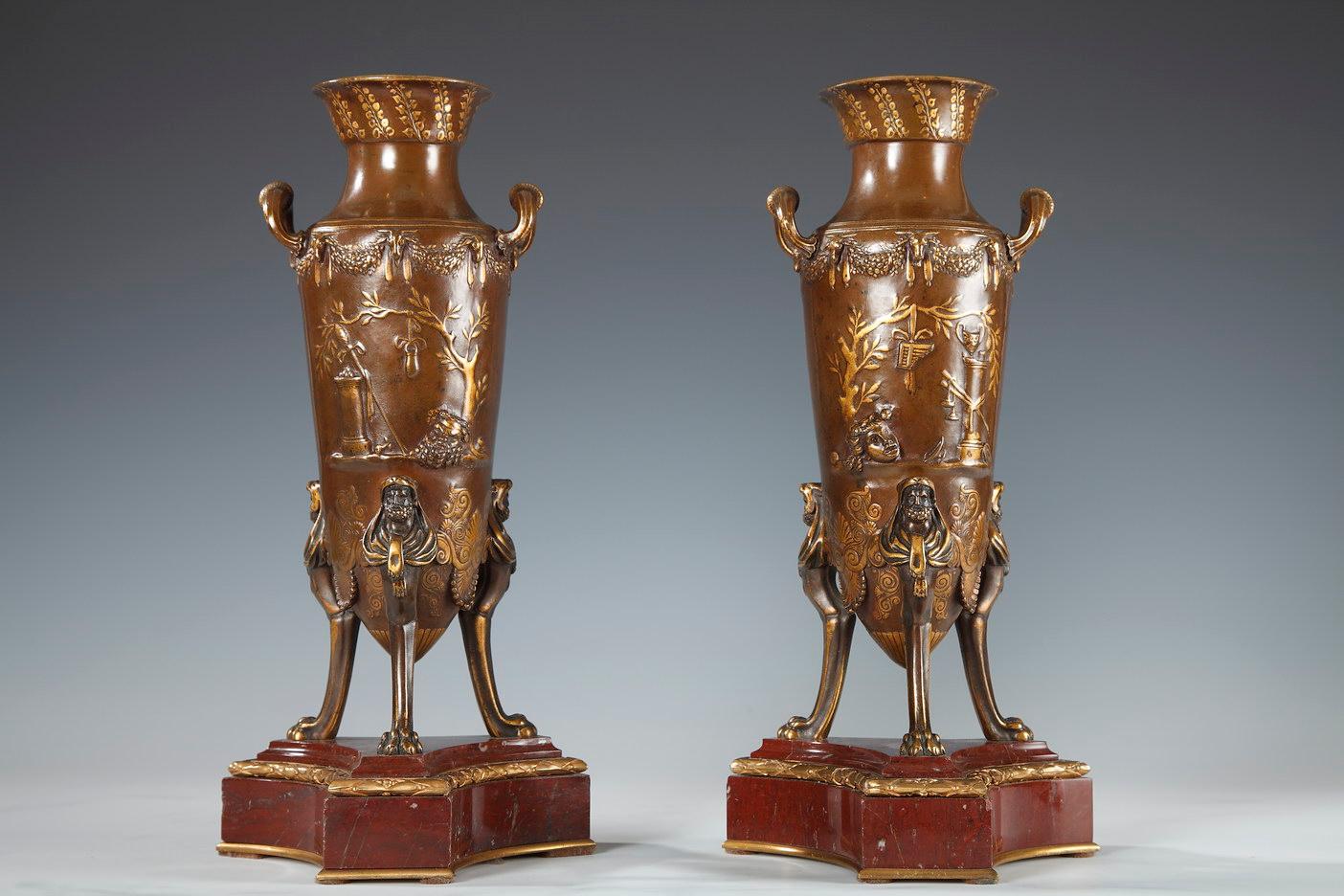 Gilt Pair of Neo-Greek Amphora Vases by Barbedienne and Levillain, France, circa 1880 For Sale