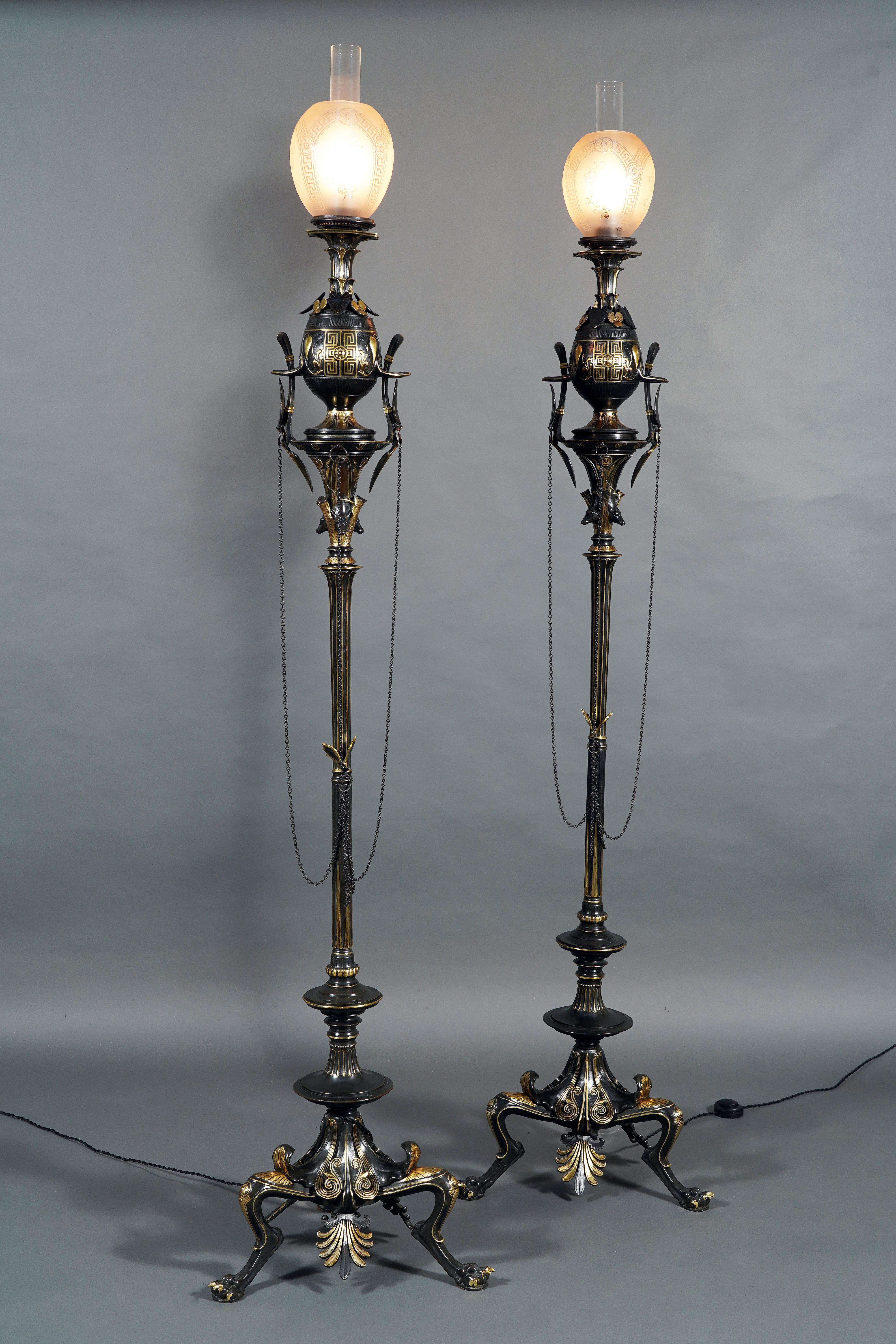 Greek Revival Pair of Neo-Greek Floor Lamps Attributed to G. Servant, France, Circa 1870 For Sale