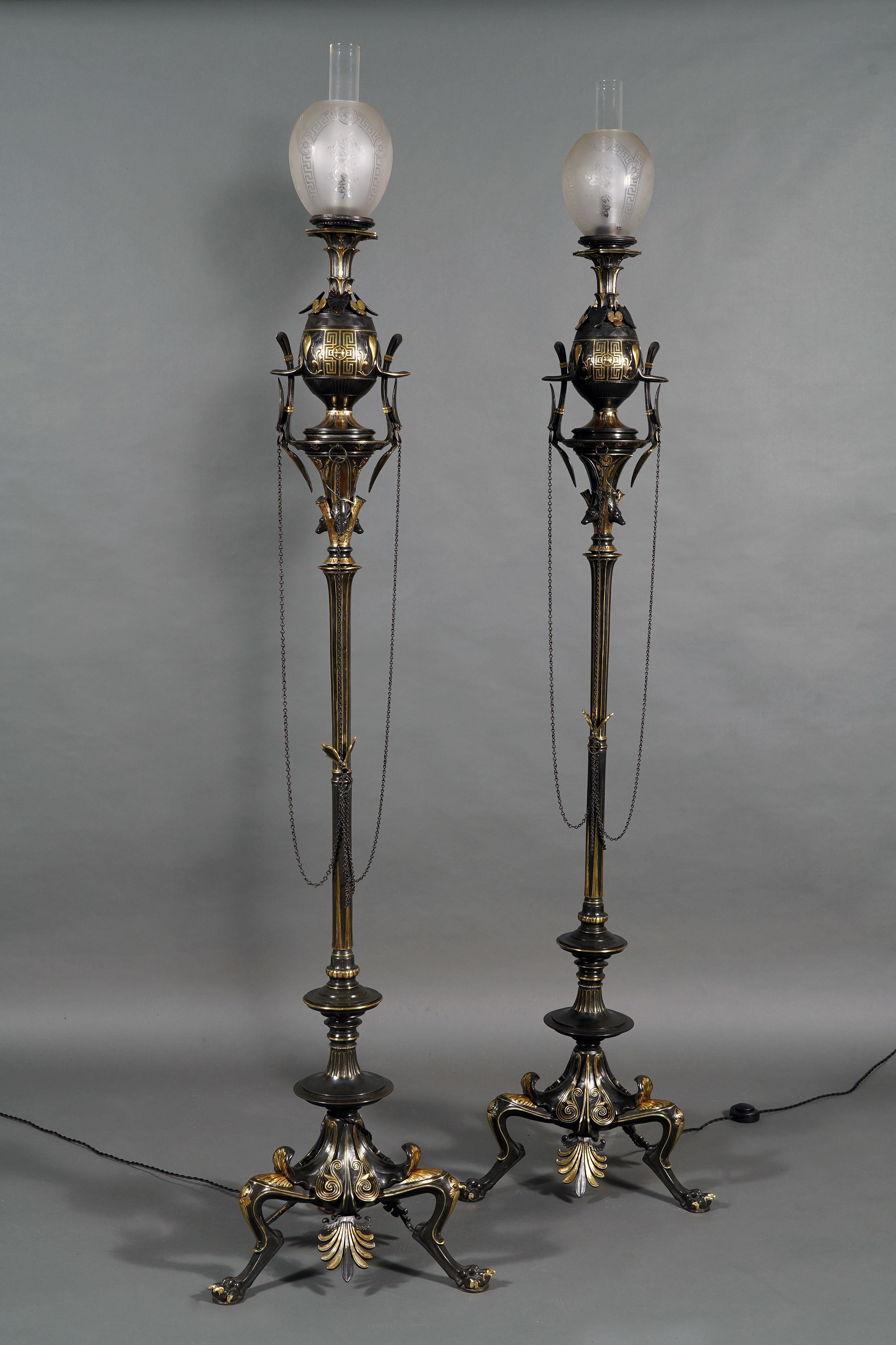 French Pair of Neo-Greek Floor Lamps Attributed to G. Servant, France, Circa 1870 For Sale