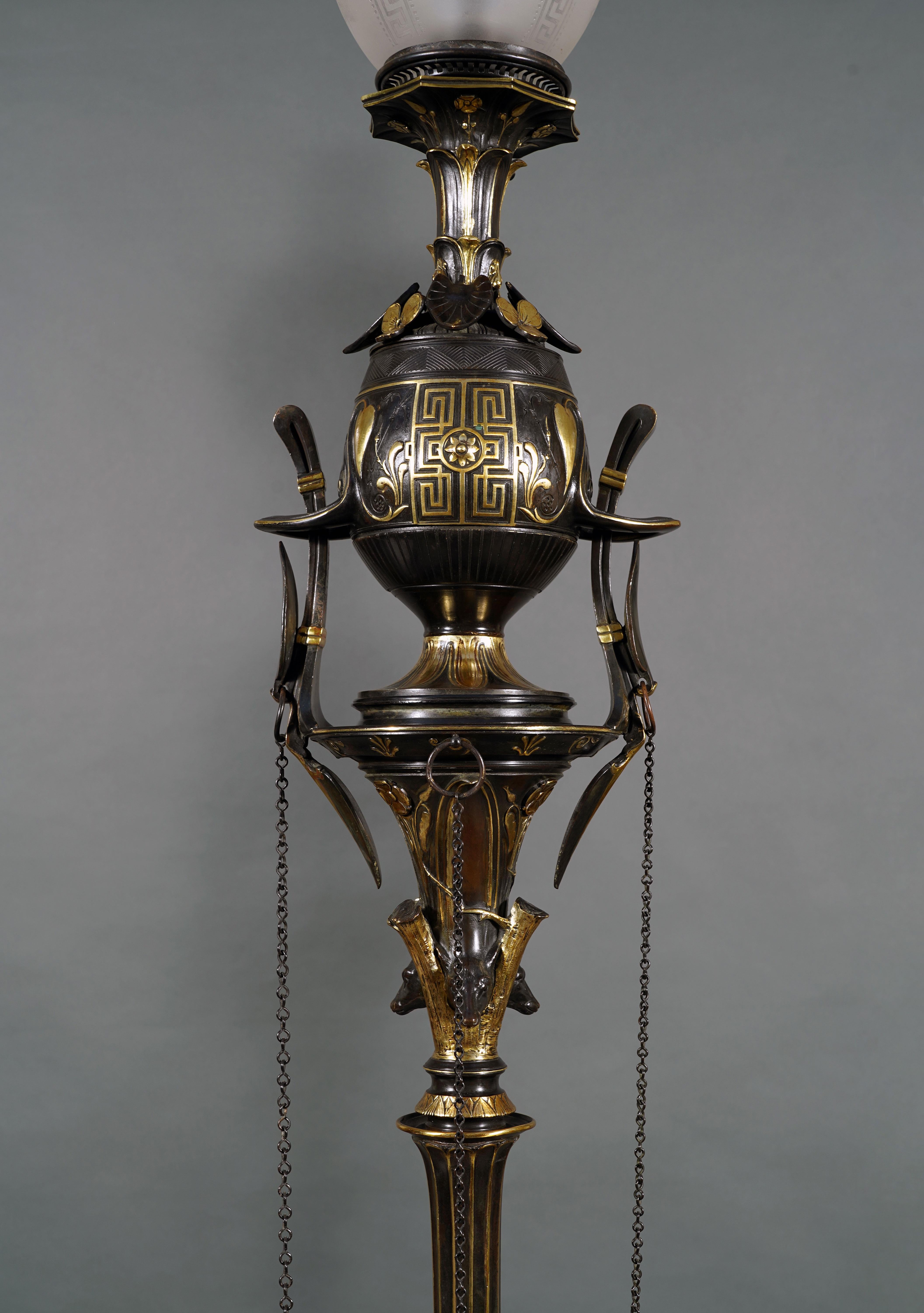 Patinated Pair of Neo-Greek Floor Lamps Attributed to G. Servant, France, Circa 1870 For Sale