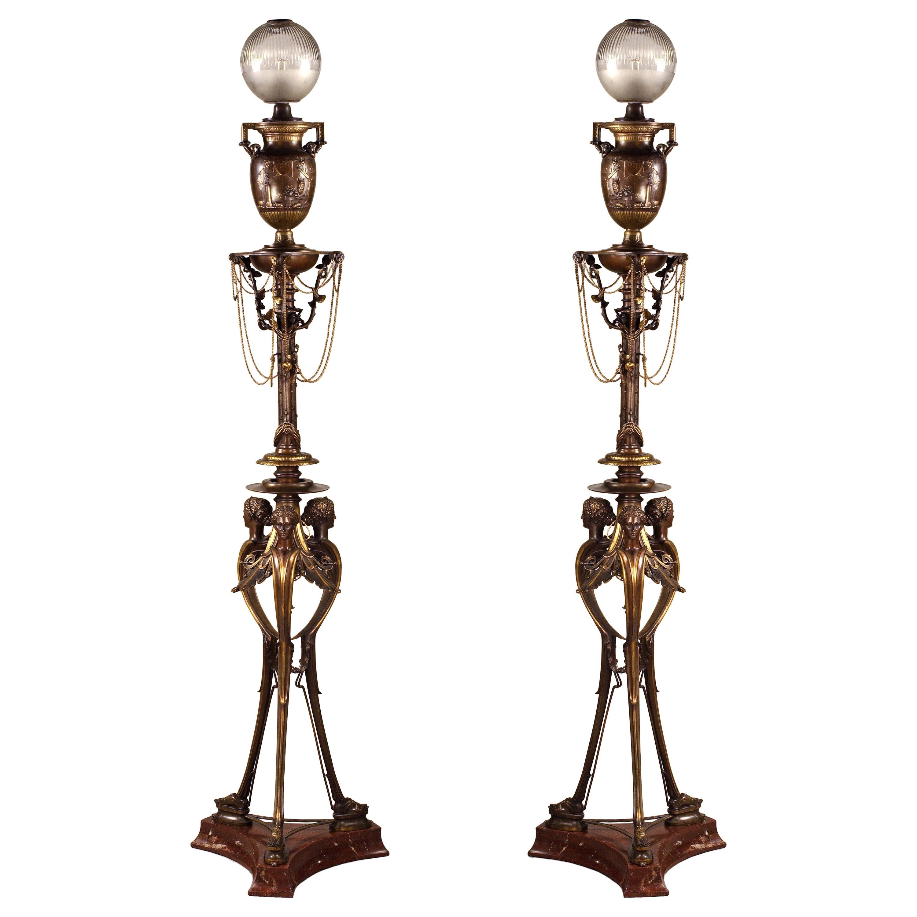 Important 1850s Bronze Floor Lamp by Henry Cahieux for Barbedienne at