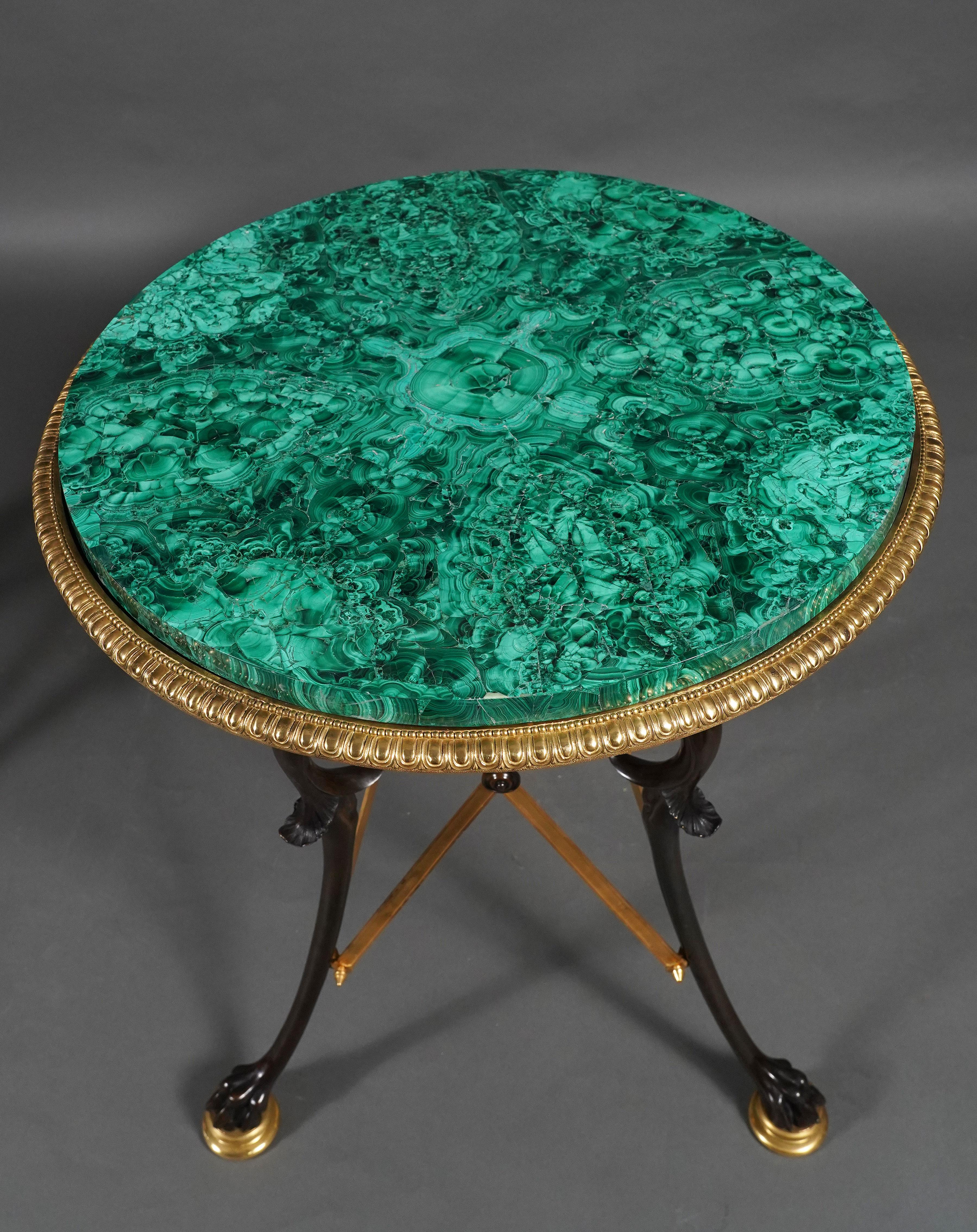 Pair of Neo-Pompeian Gueridons Malachite top , by H. Picard, France, c. 1865 In Good Condition For Sale In PARIS, FR