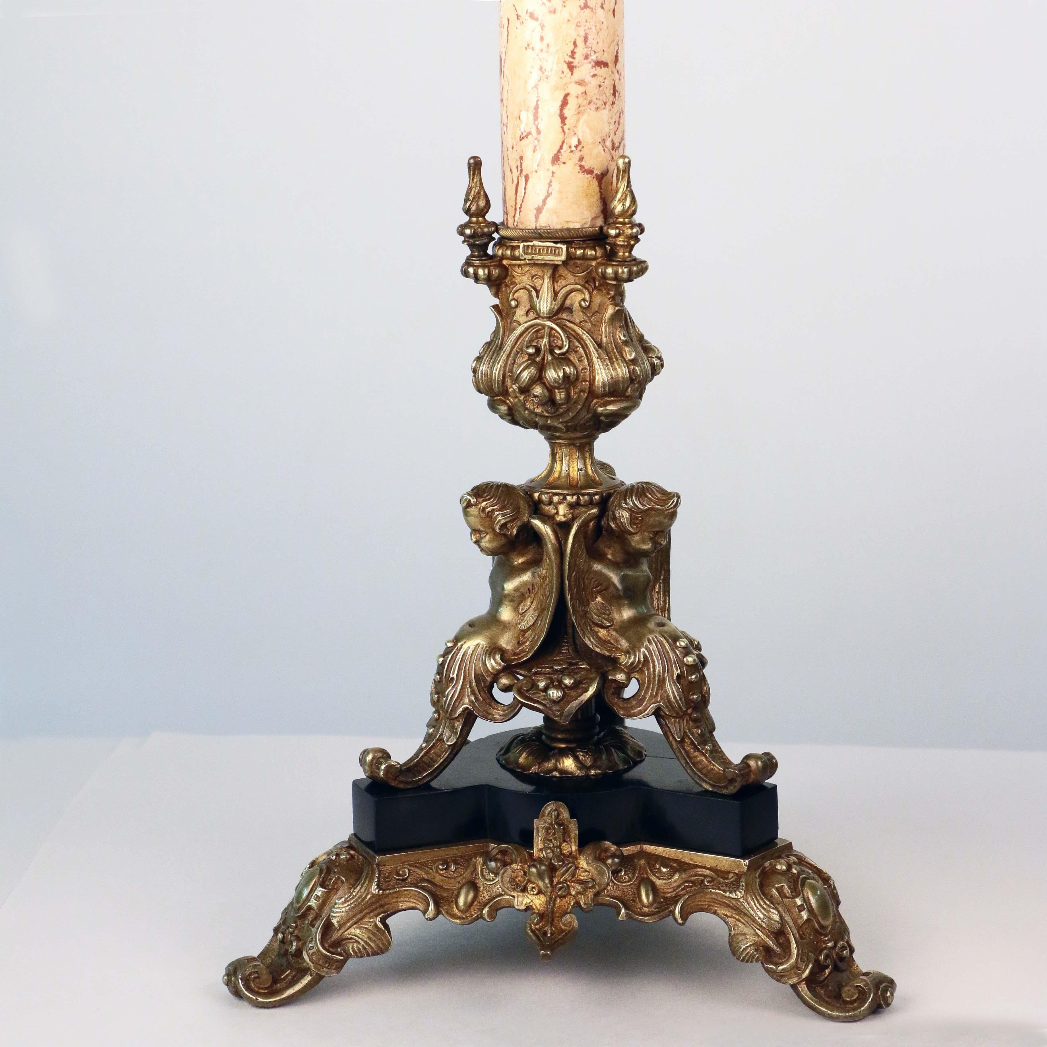 French Pair of Neo-Renaissance Bronze and Marble Five Arm Candelabra