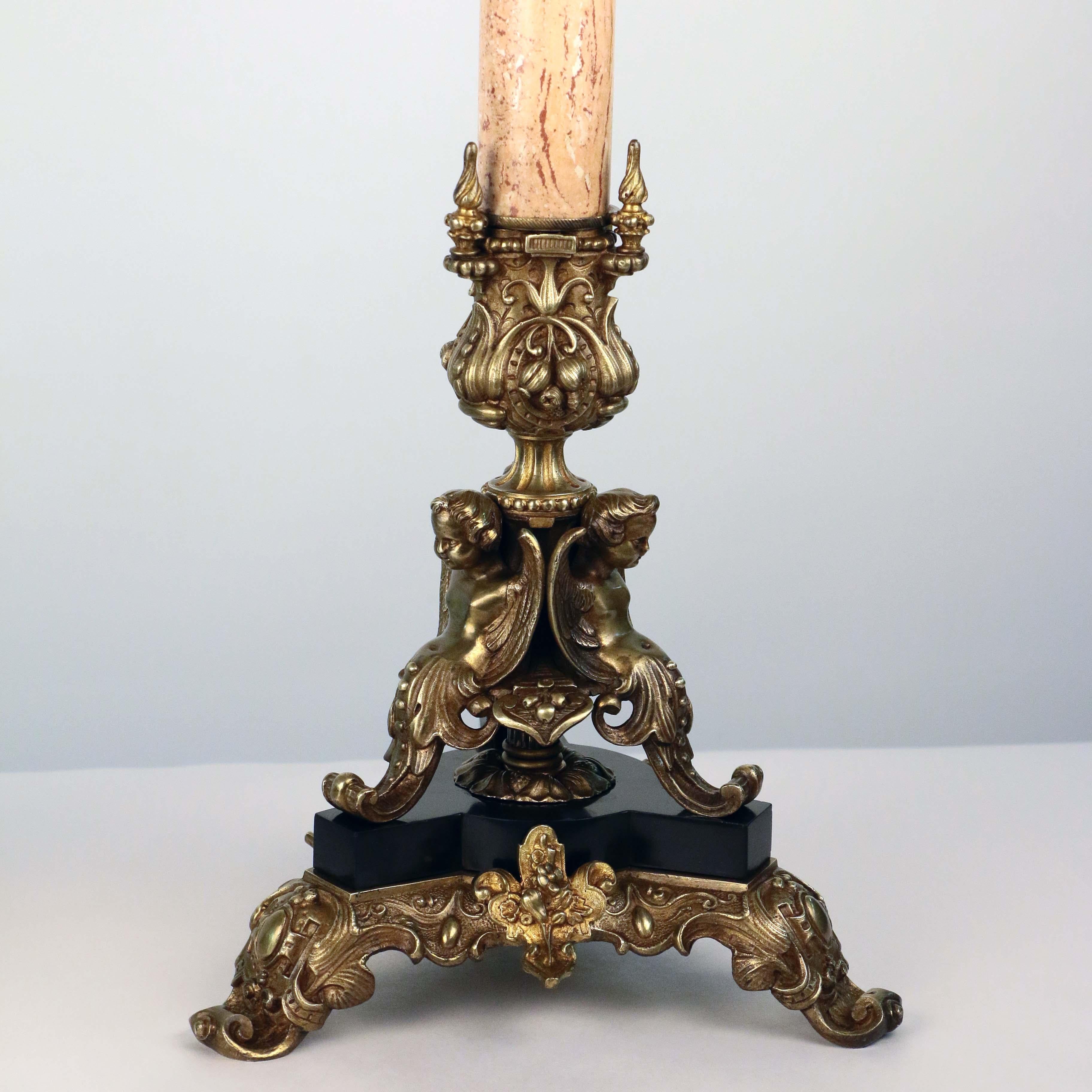 Cast Pair of Neo-Renaissance Bronze and Marble Five Arm Candelabra