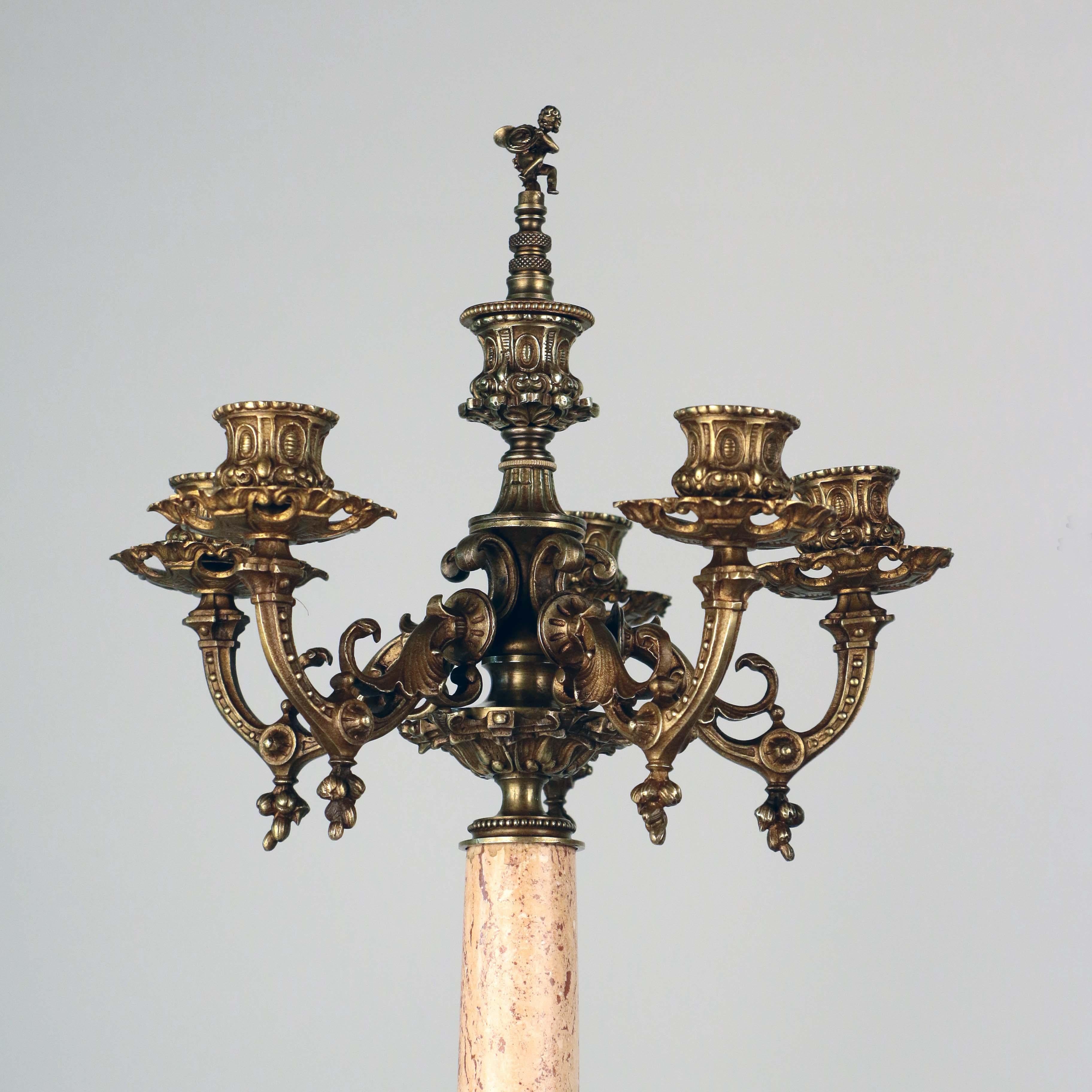 Pair of Neo-Renaissance Bronze and Marble Five Arm Candelabra In Good Condition In Montreal, QC