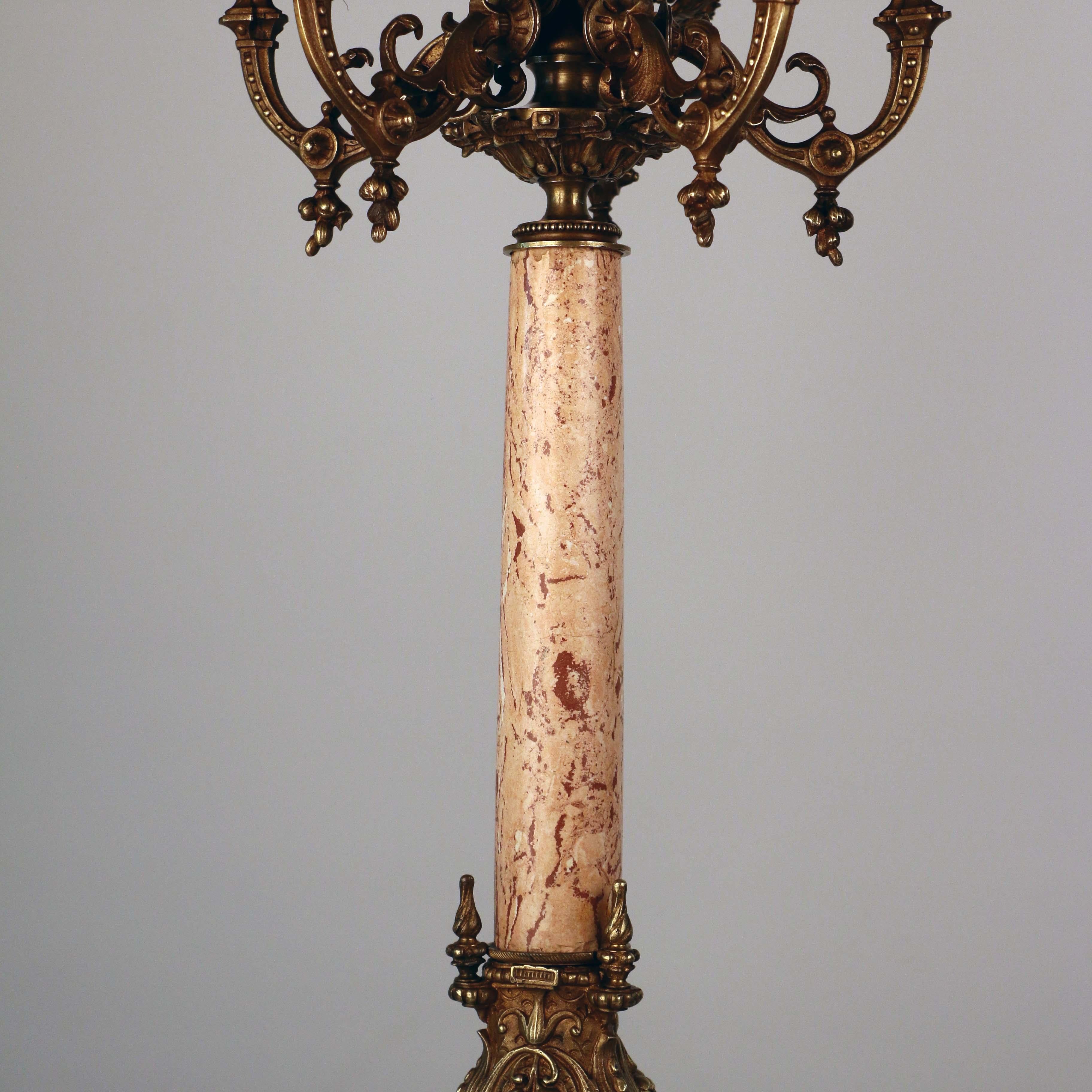 19th Century Pair of Neo-Renaissance Bronze and Marble Five Arm Candelabra