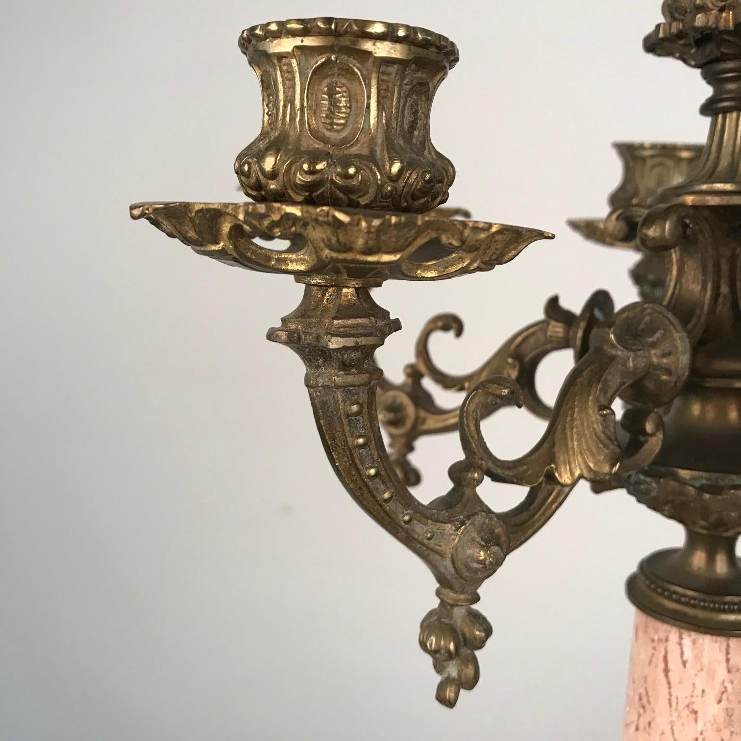 Pair of Neo-Renaissance Bronze and Marble Five Arm Candelabra 2