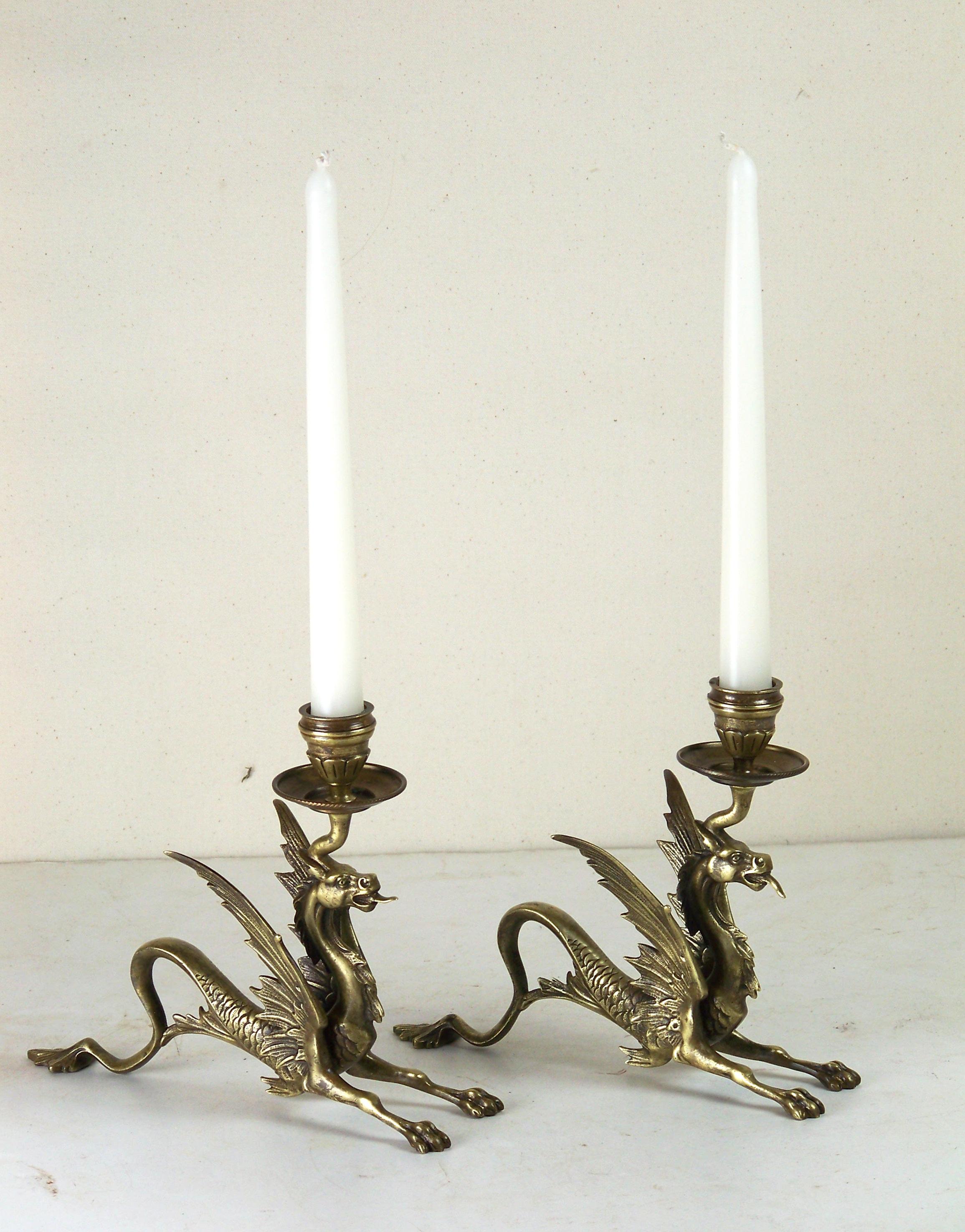 Neo-Renaissance brass candlesticks (second half of the 19th century). Candlesticks depict the Hippocampus. A Greek mythological monster, a mythical animal in the form of a seahorse that has the front half of a horse's body and the back half of a