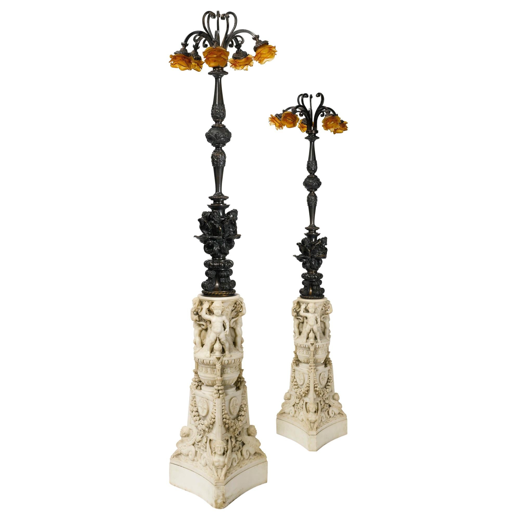 Pair of Néo-Renaissance Patinated Bronze and Carved Marble Floor Lamps