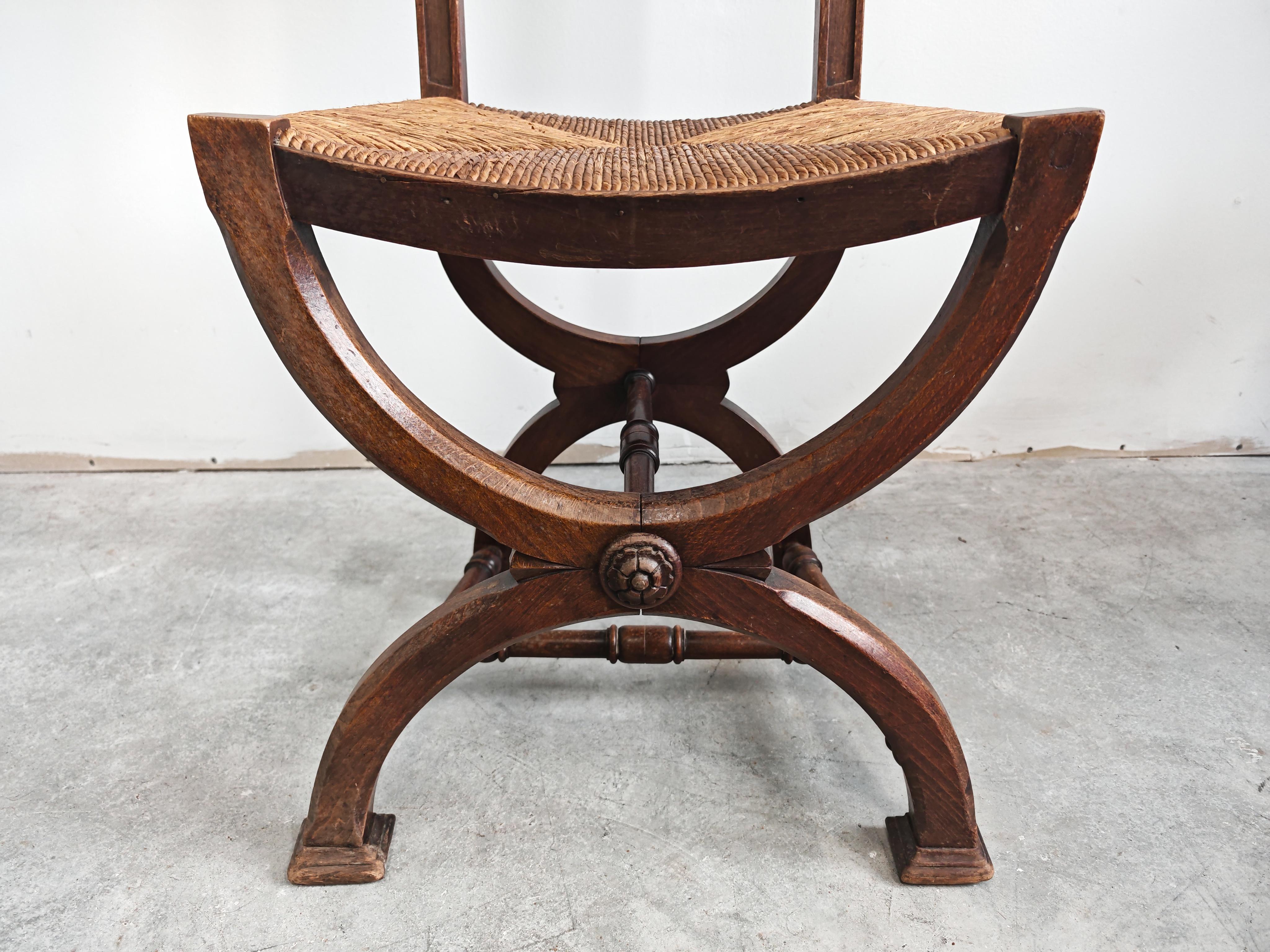Pair of Neo-renaissance Side Chairs in oak with rush seats, France 1910s (Französisch) im Angebot