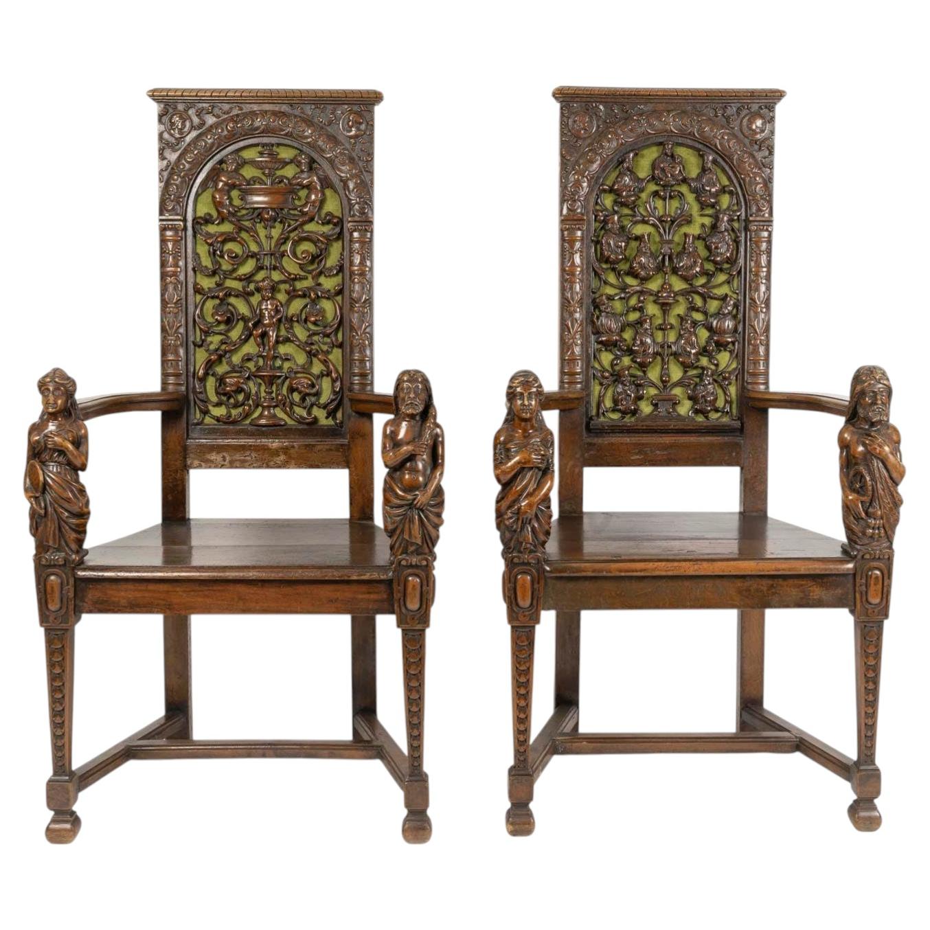 Pair of Neo-Renaissance-Style Armchairs, circa 1860, 19th Century.