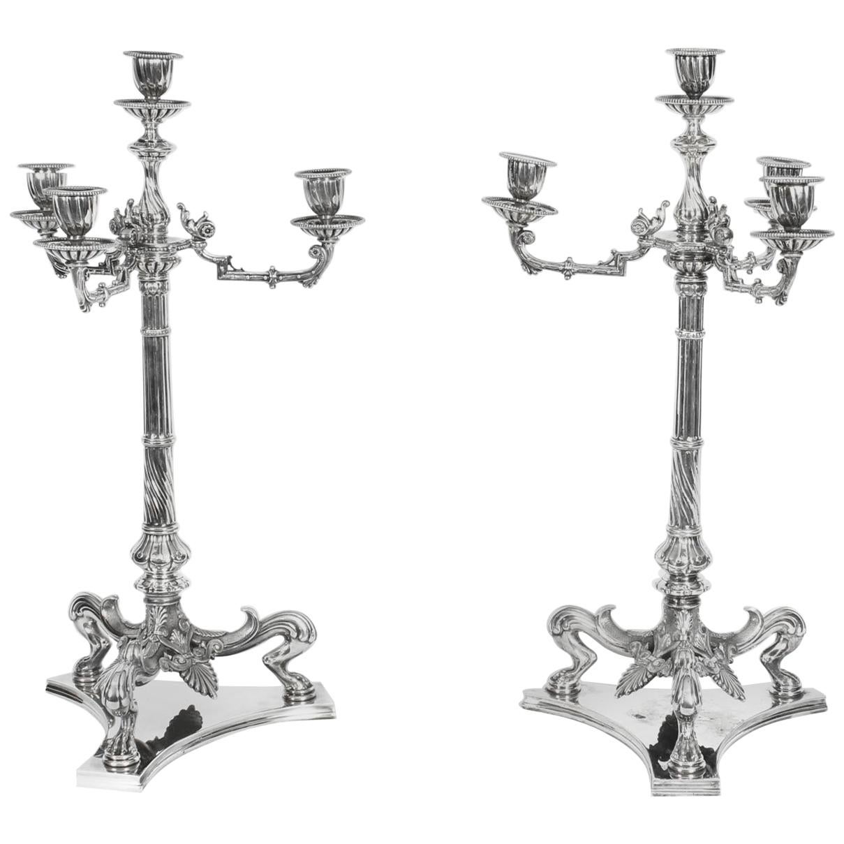 19th Century Pair of Neoclasscal Silver Plated 4-Light Candelabra Hodd & Linley