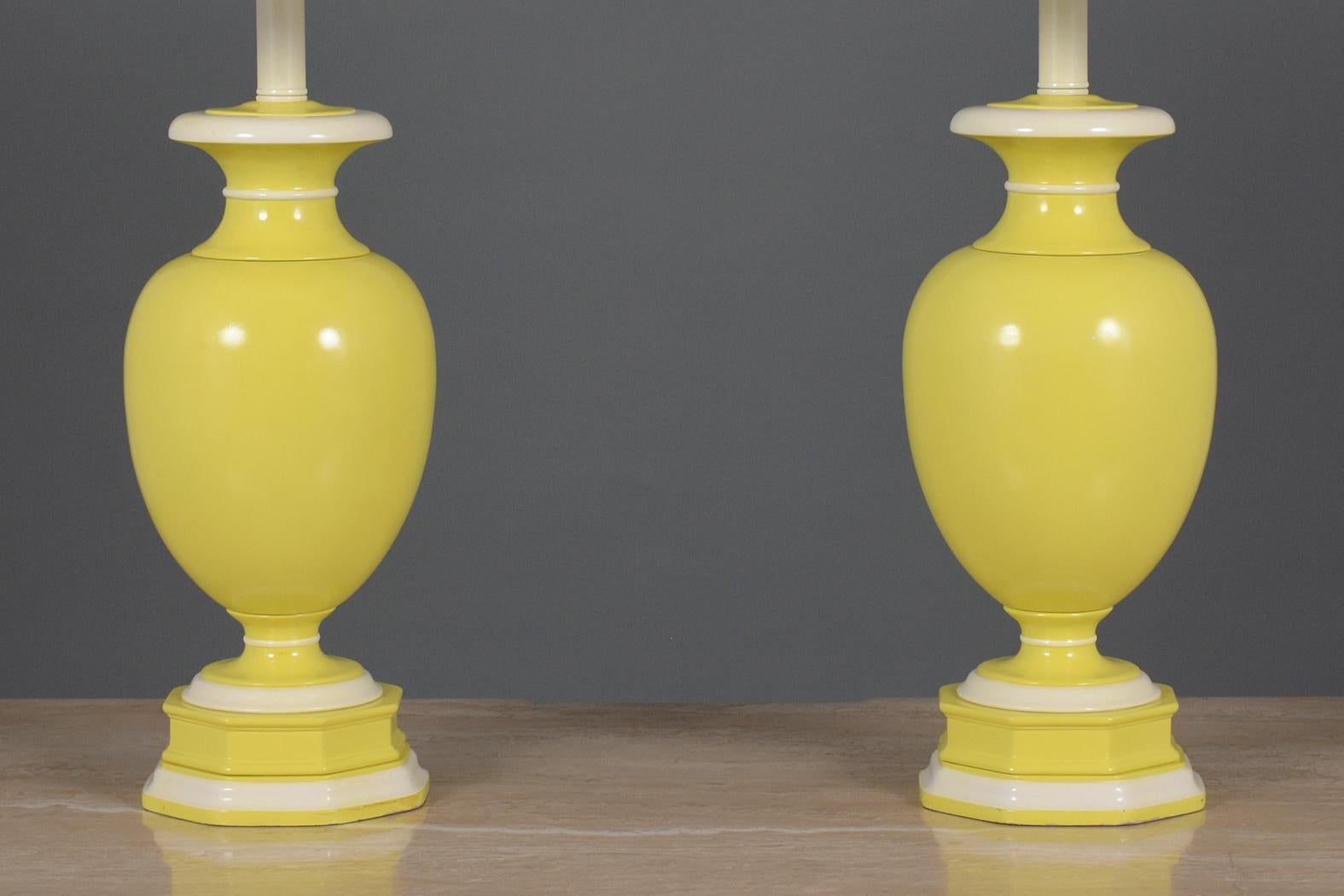 Polished Neoclassical Yellow & White Ceramic Table Lamps with New White Shades For Sale