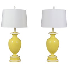 Neoclassical Style Vintage Ceramic Table Lamps in Yellow & White with New Shades