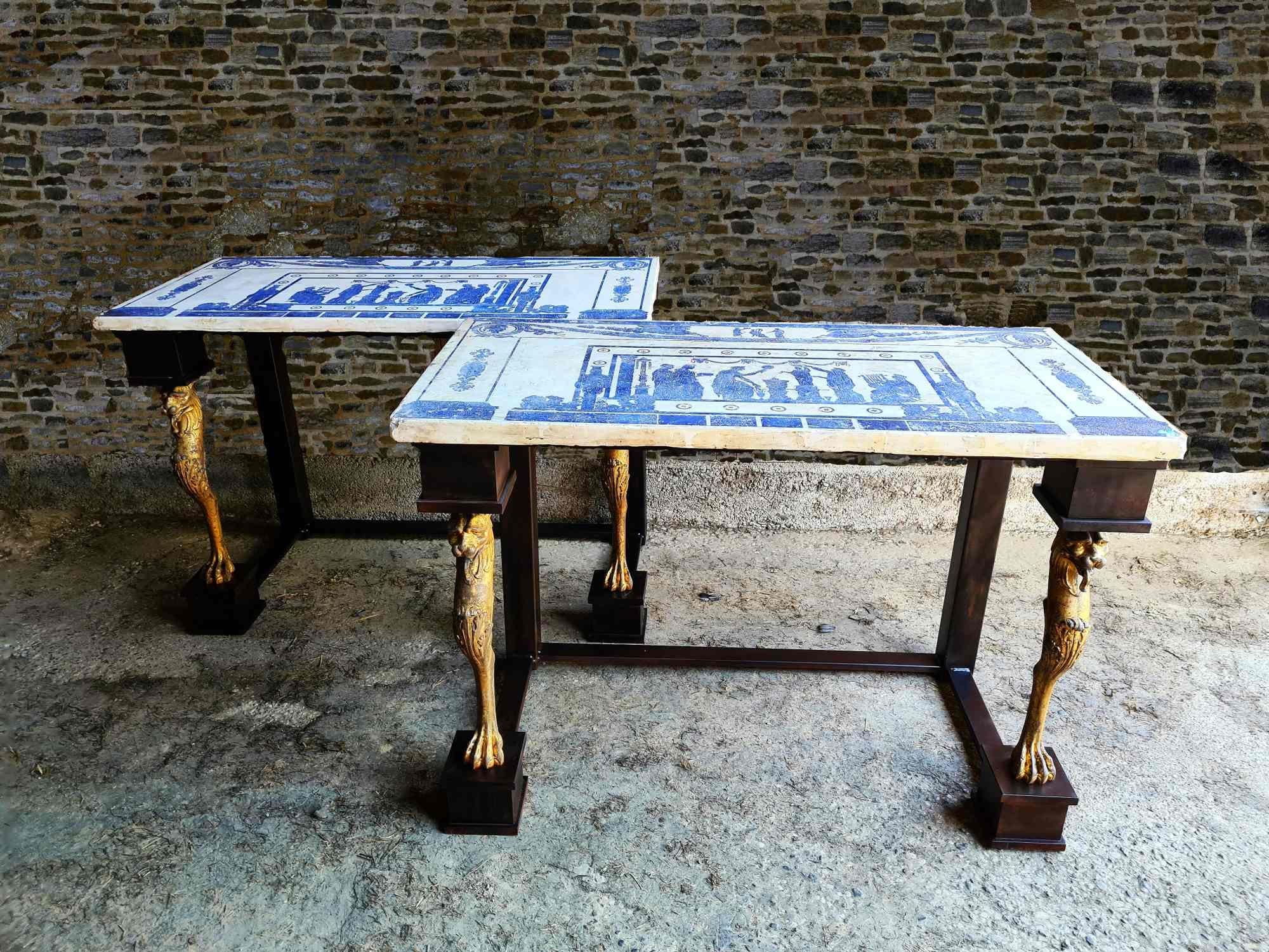 Italian Pair of Neoclassic Consoles Tables with Scagiole Top, Italy, 19/20th Century For Sale