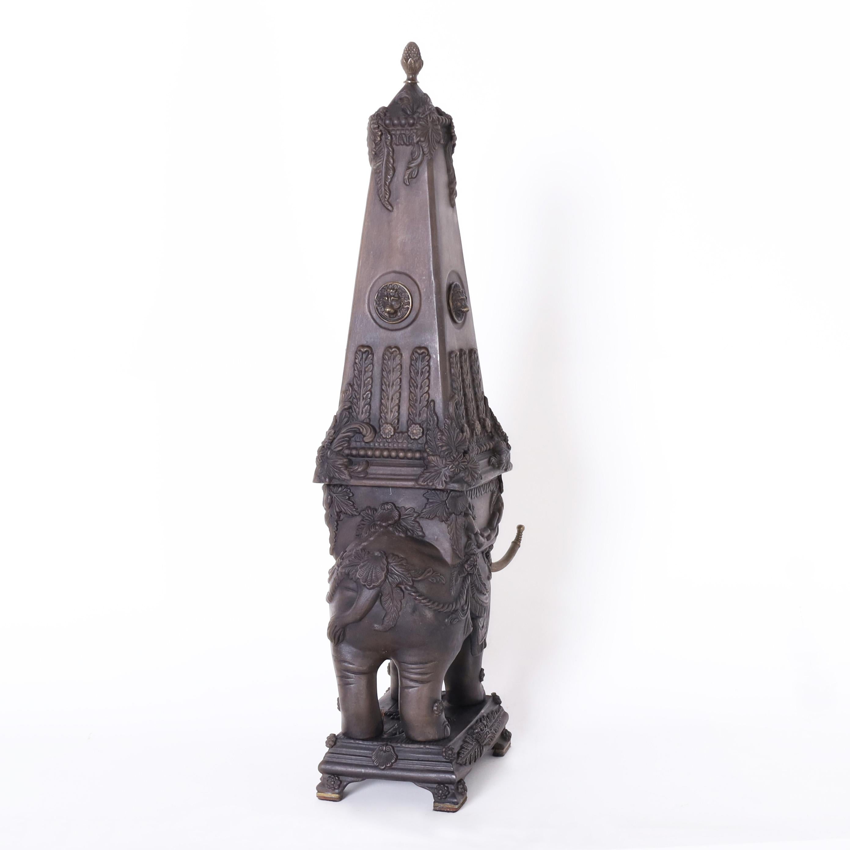 Pair of Neoclassic Earthenware Elephants with Obelisks In Good Condition For Sale In Palm Beach, FL