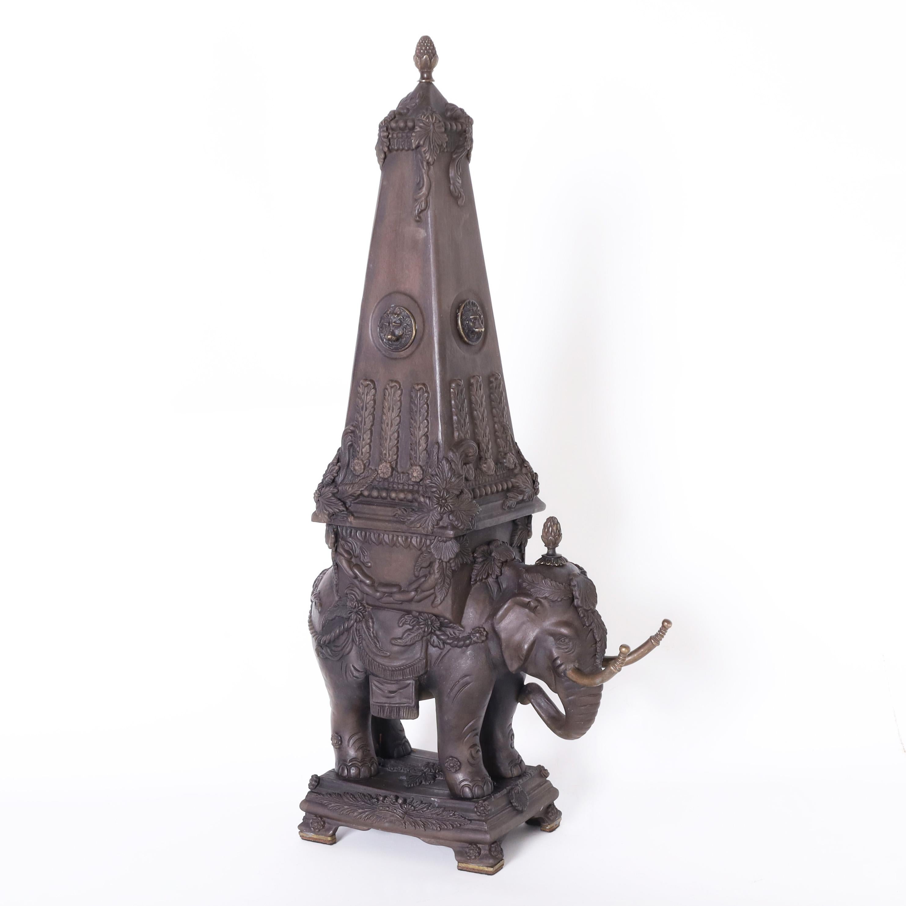 20th Century Pair of Neoclassic Earthenware Elephants with Obelisks For Sale