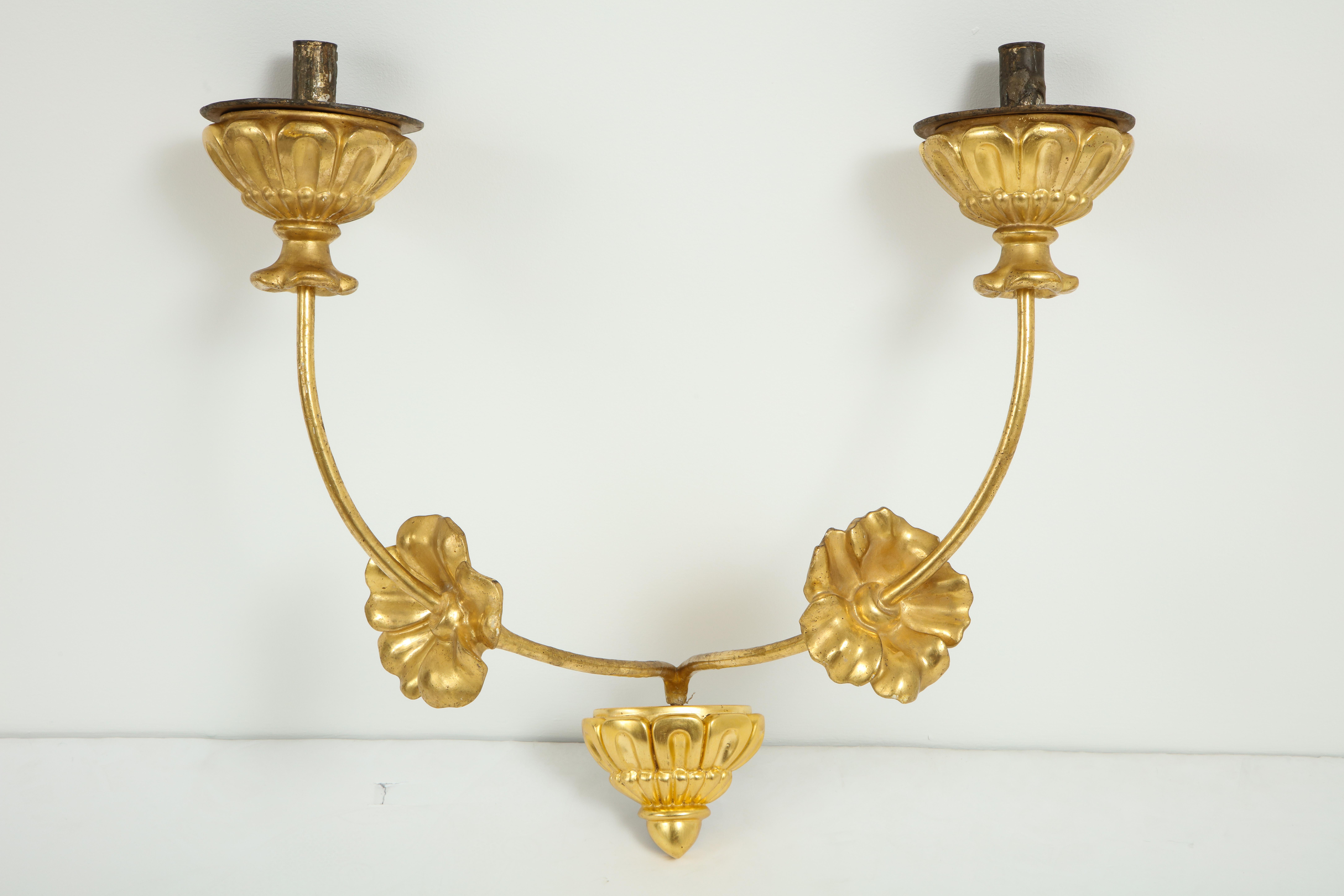 Pair of Neoclassic Italian Carved and Gilded Iron Wall Sconces 4