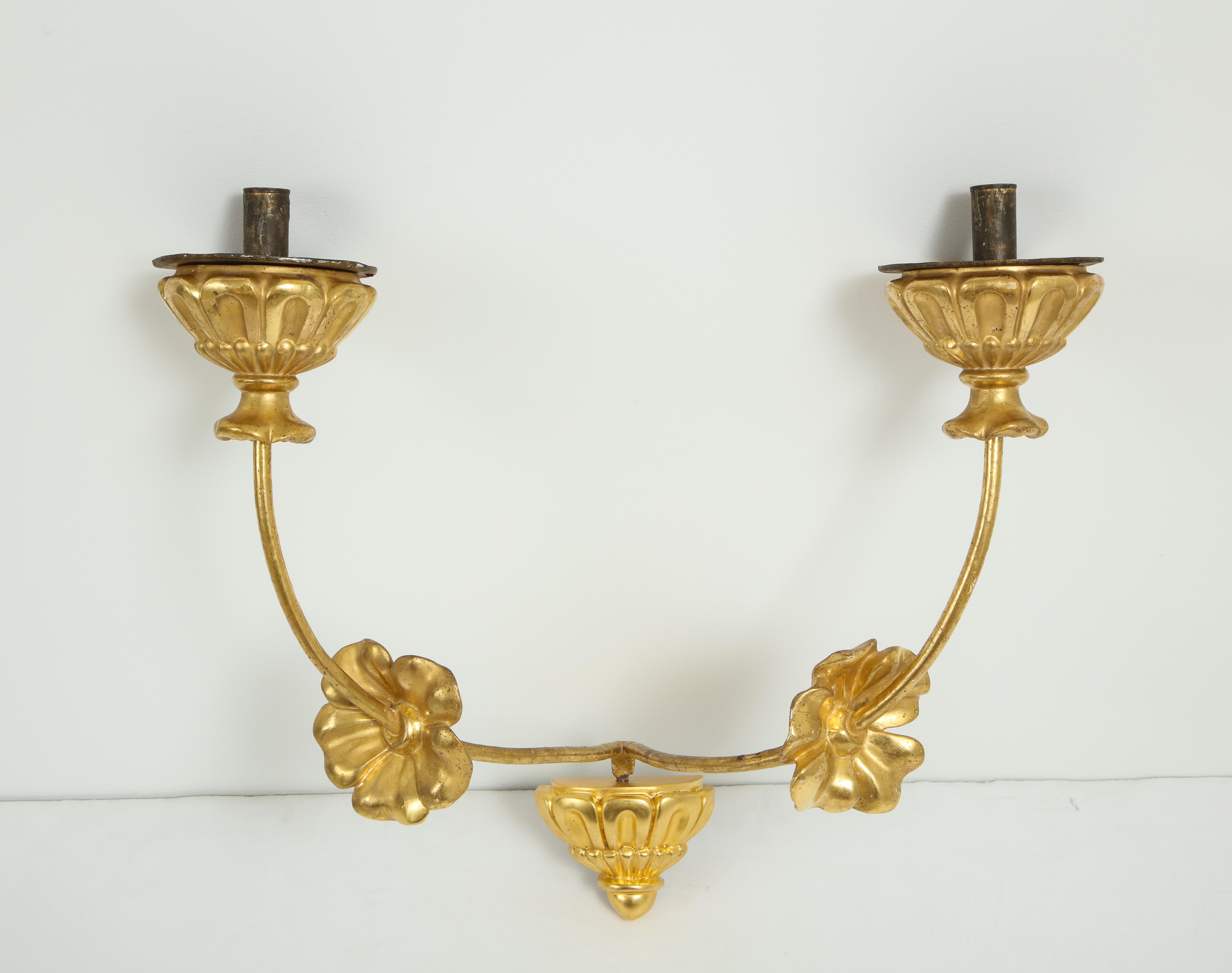Pair of Neoclassic Italian Carved and Gilded Iron Wall Sconces 1