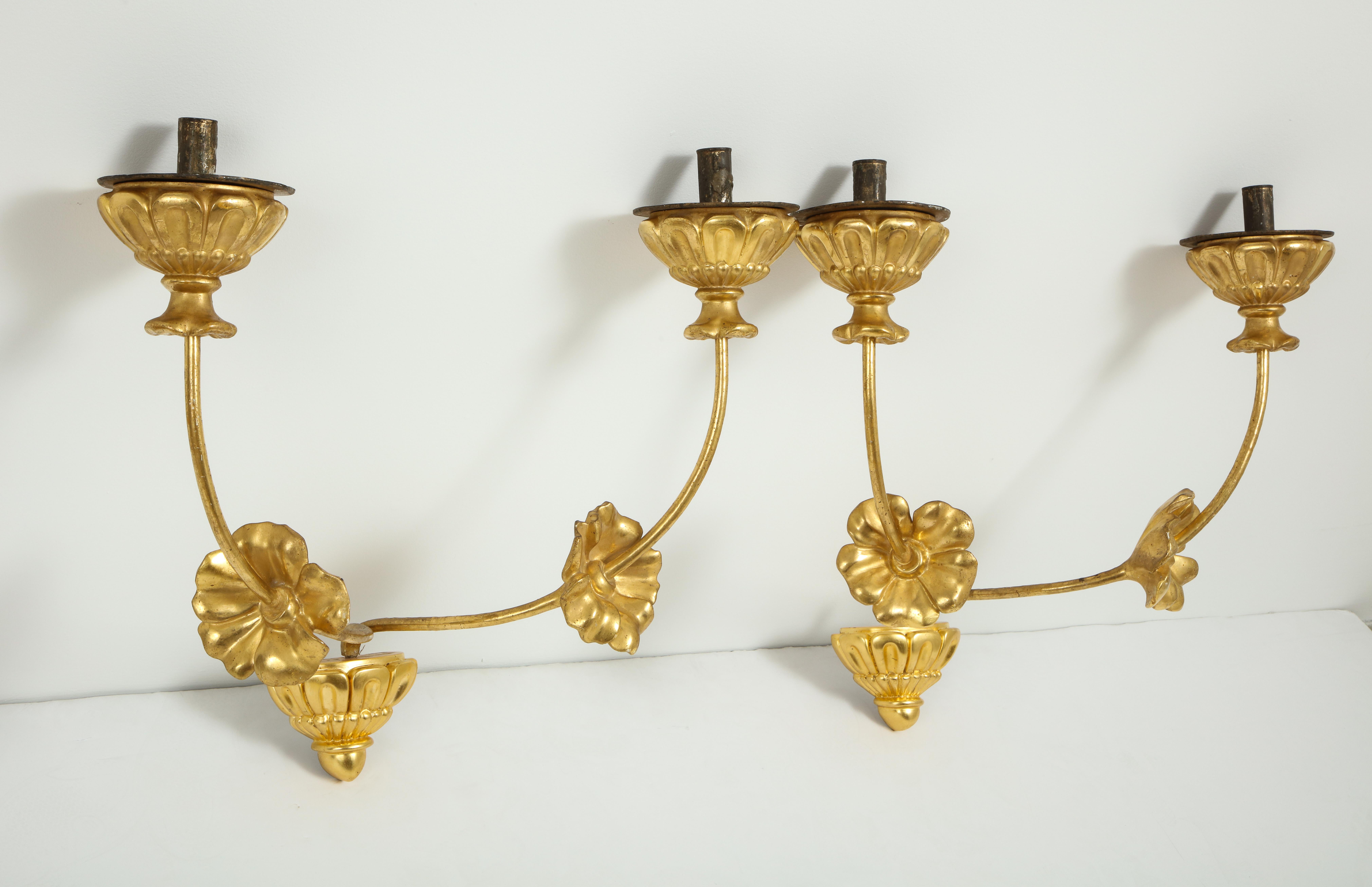 Pair of Neoclassic Italian Carved and Gilded Iron Wall Sconces 2