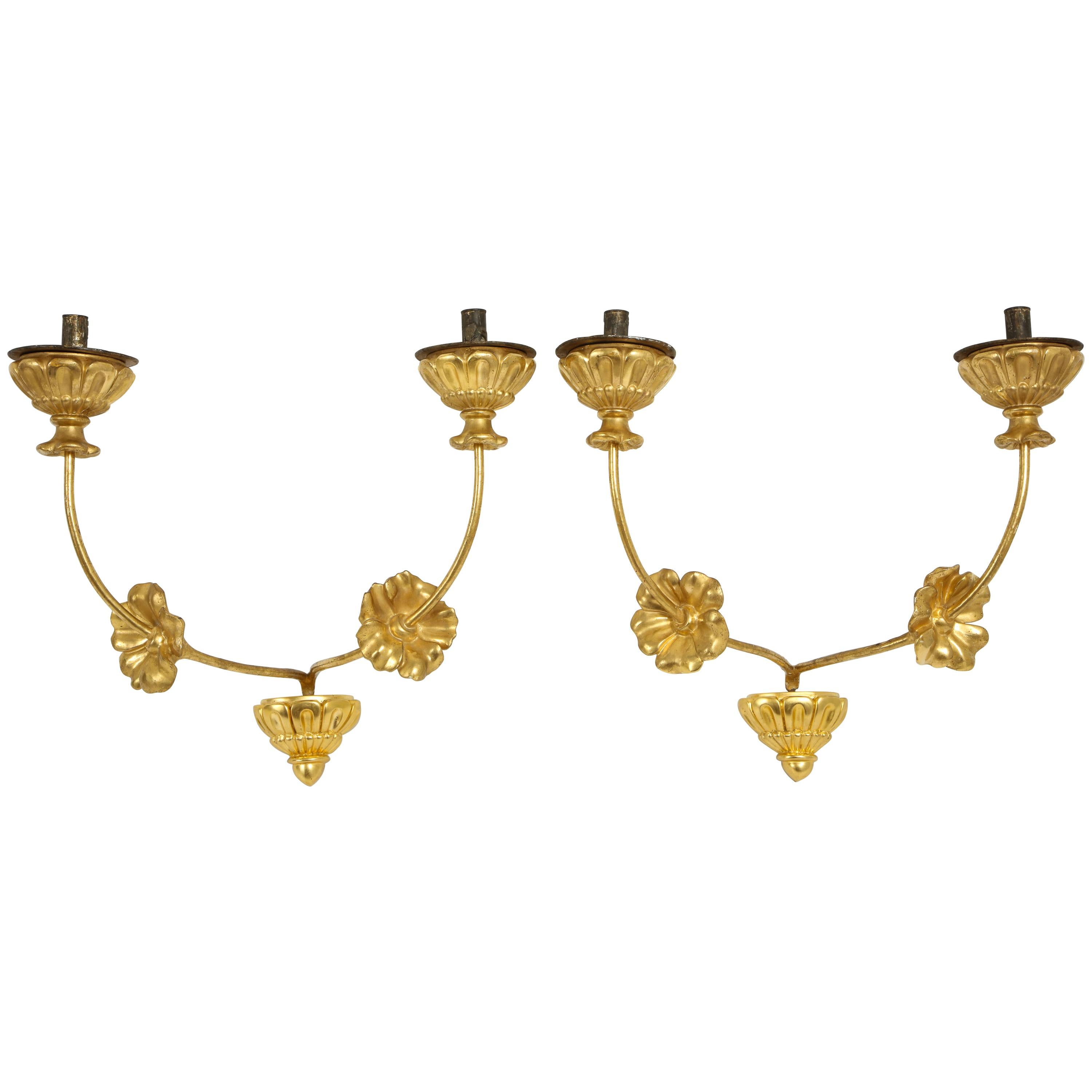 Pair of Neoclassic Italian Carved and Gilded Iron Wall Sconces